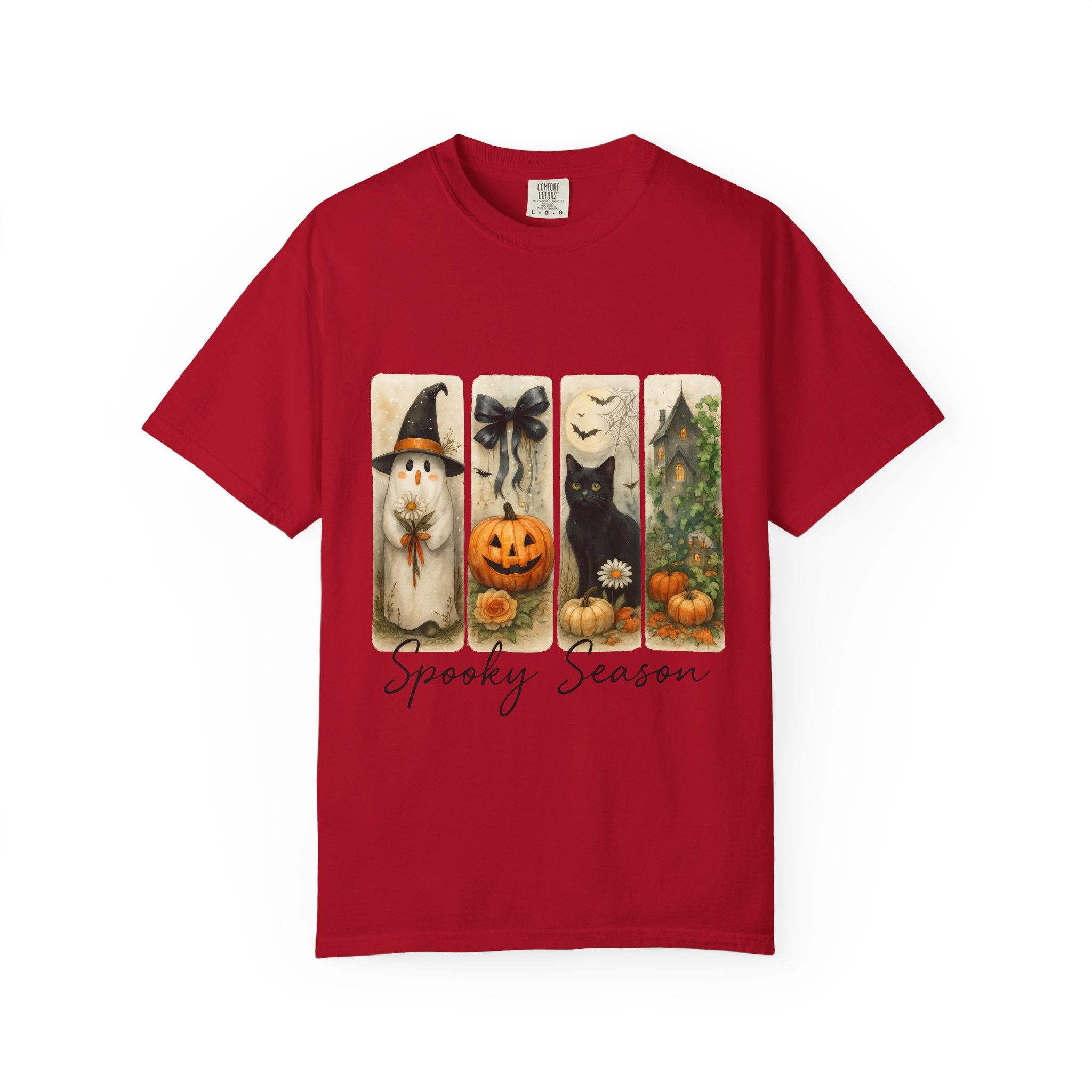 Vintage Halloween Unisex T-Shirt – Cute Ghost, Black Cat, Pumpkin & Haunted House Art