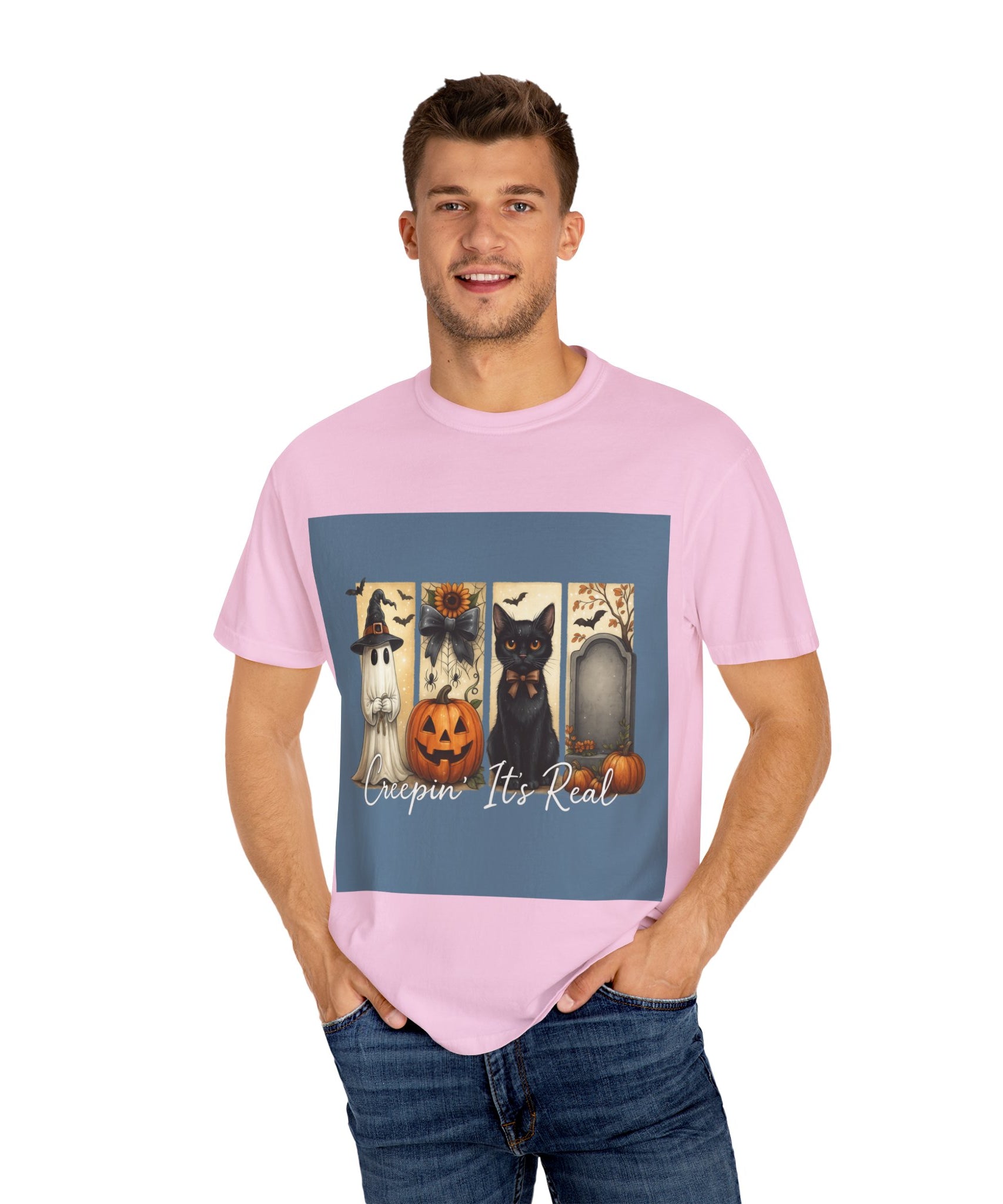 Creepin’ It’s Real Halloween T-Shirt – Cute Ghost, Pumpkin, Black Cat & Tombstone Design - Gallory Hive