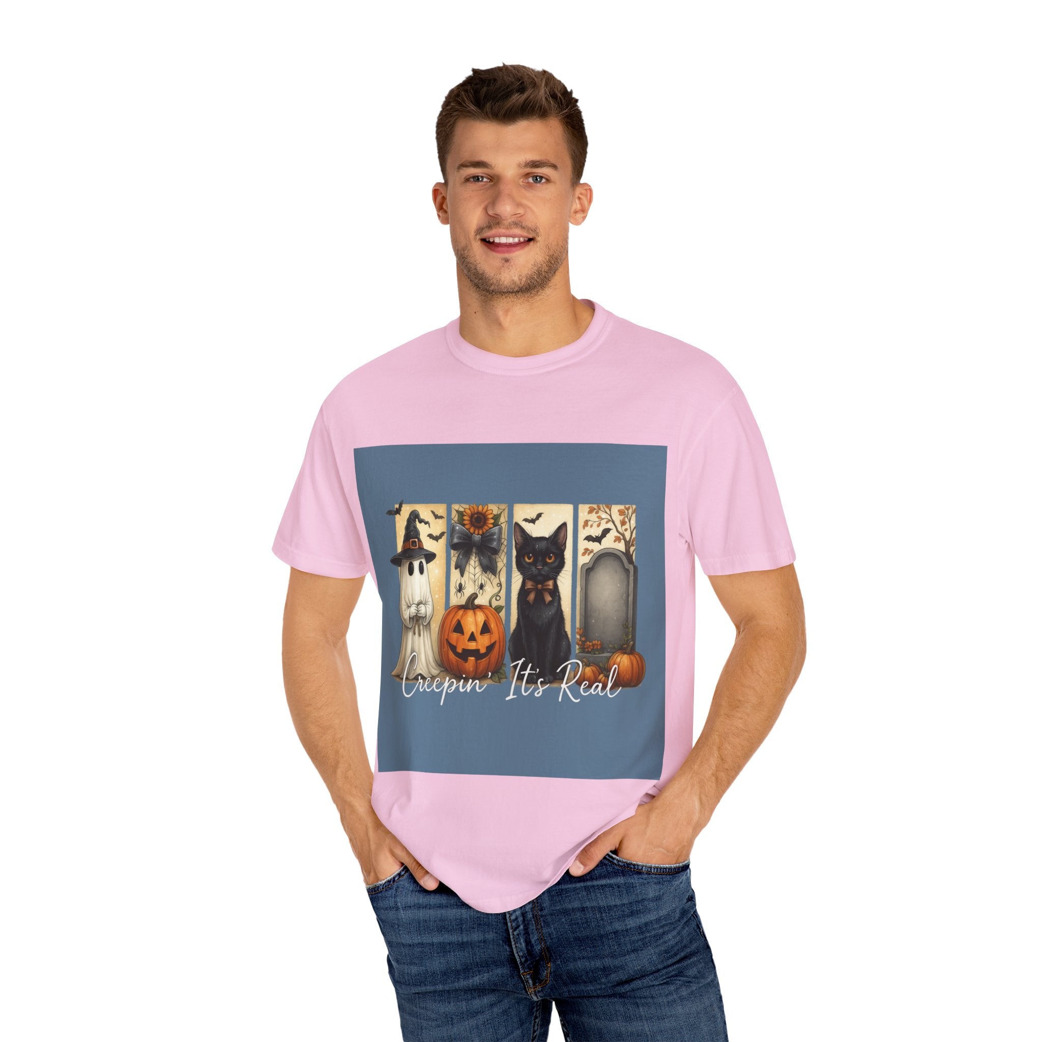 Creepin’ It’s Real Halloween T-Shirt – Cute Ghost, Pumpkin, Black Cat & Tombstone Design