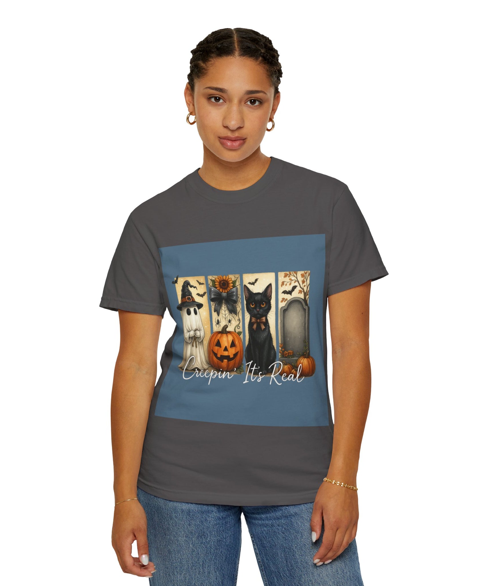Creepin’ It’s Real Halloween T-Shirt – Cute Ghost, Pumpkin, Black Cat & Tombstone Design - Gallory Hive