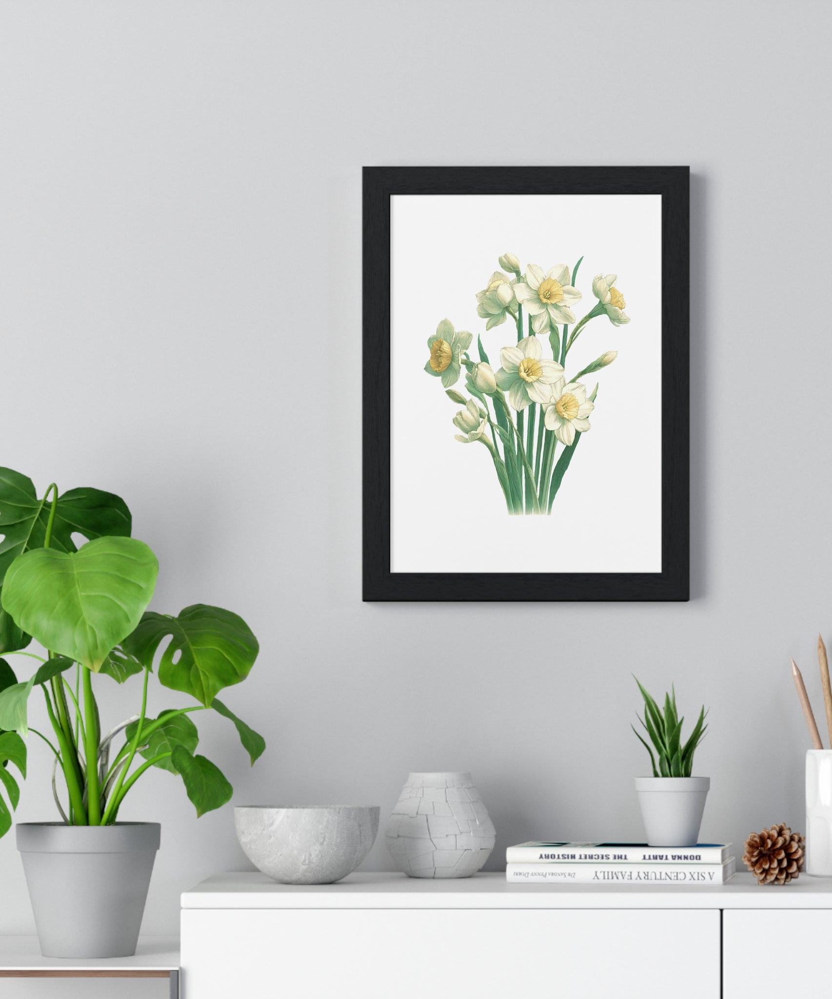 December Birth Month Flower Wall Art – Narcissus Botanical Illustration in Wooden Frame | Hope, Good Fortune & Renewal