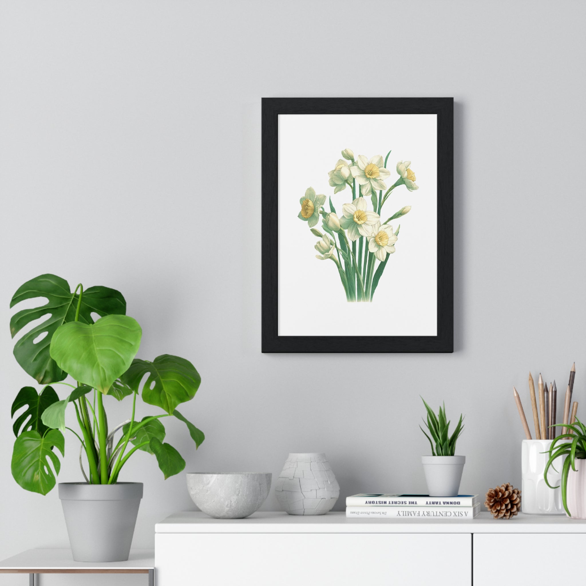 December Birth Month Flower Wall Art – Narcissus Botanical Illustration in Wooden Frame | Hope, Good Fortune & Renewal