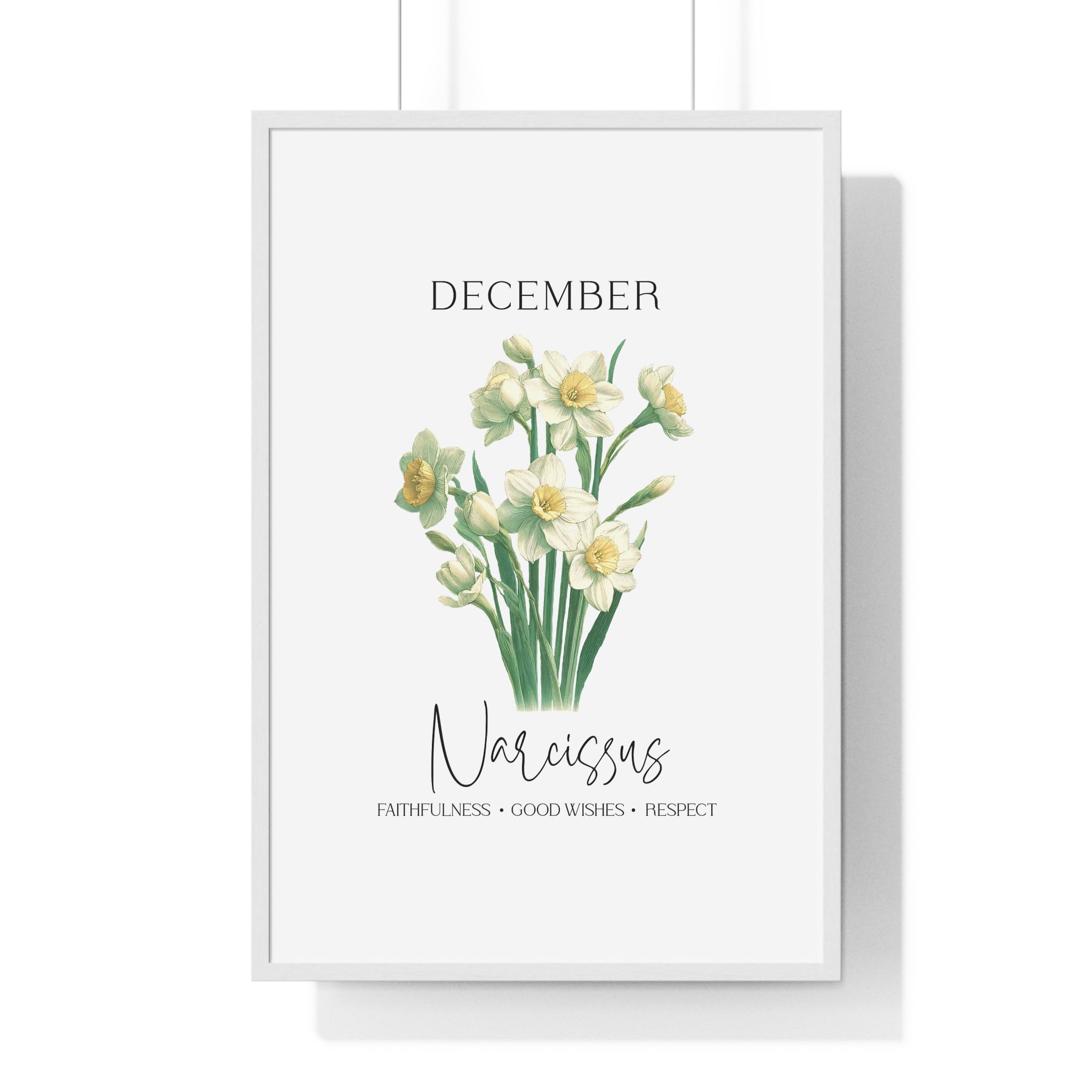 December Birth Month Flower Wall Art – Narcissus Illustration in Wooden Frame | Faithfulness, Good Wishes & Respect
