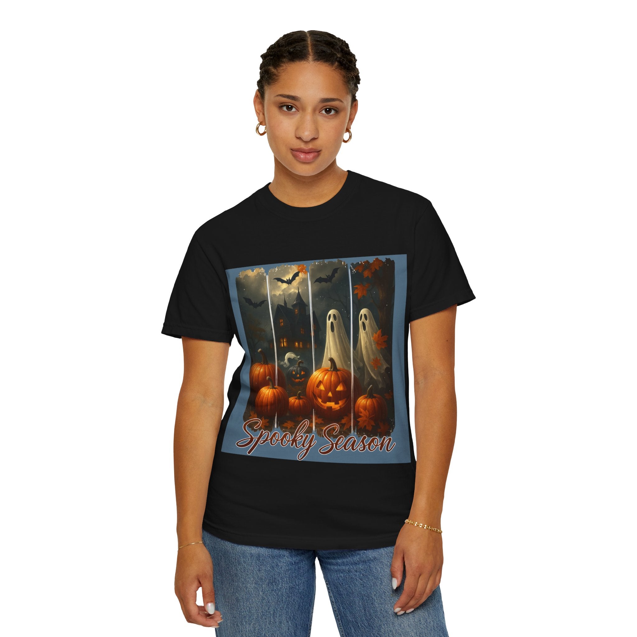 Spooky Season Unisex Halloween T-Shirt – Haunted House, Pumpkins & Ghosts Fall Design