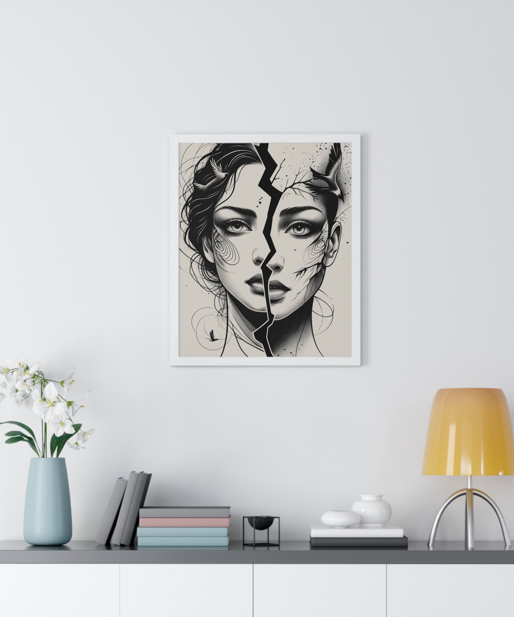 Vertical Framed Poster, Women Split Face Home Decor Art Modern Wall Unique Gift Inspirational Artwork, Wall Hanging Art Print - Gallory Hive
