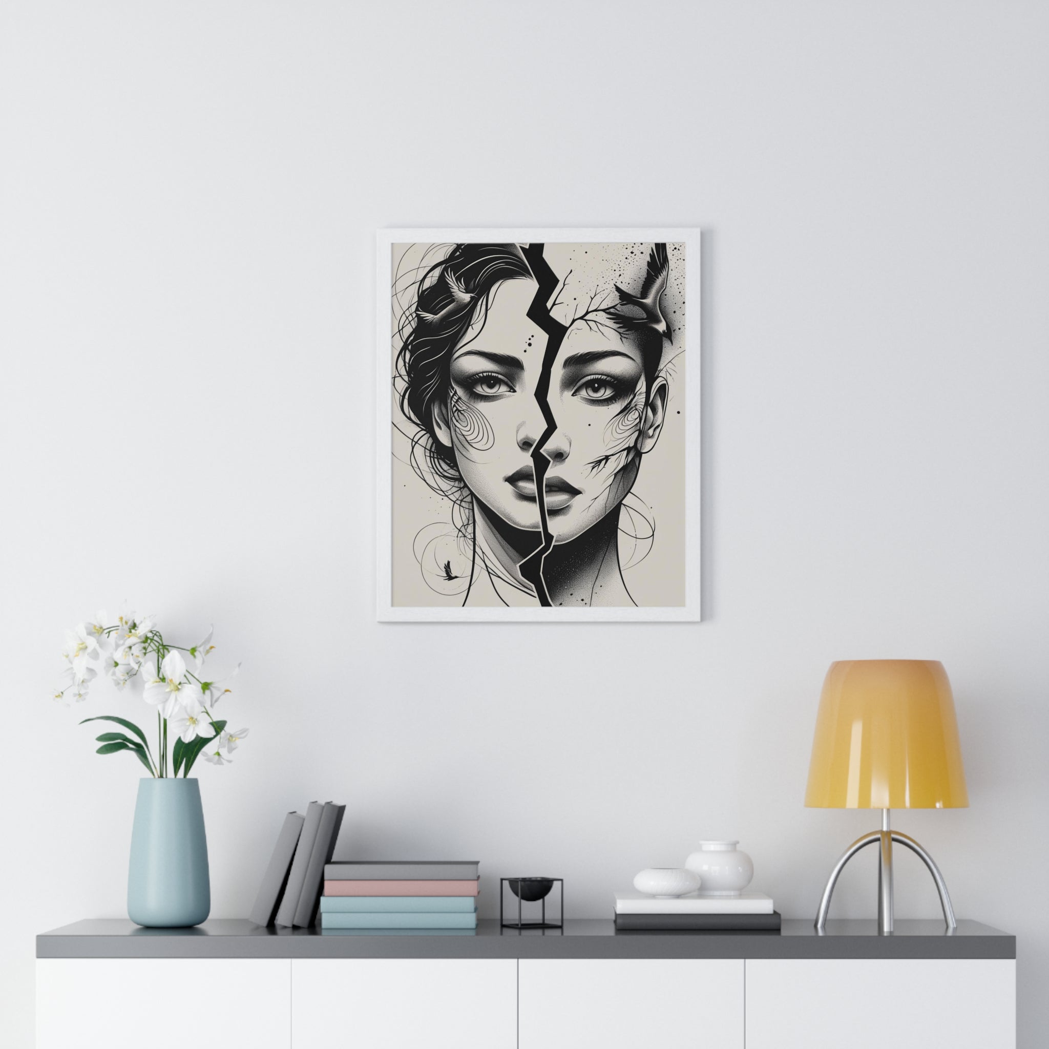 Vertical Framed Poster, Women Split Face Home Decor Art Modern Wall Unique Gift Inspirational Artwork, Wall Hanging Art Print