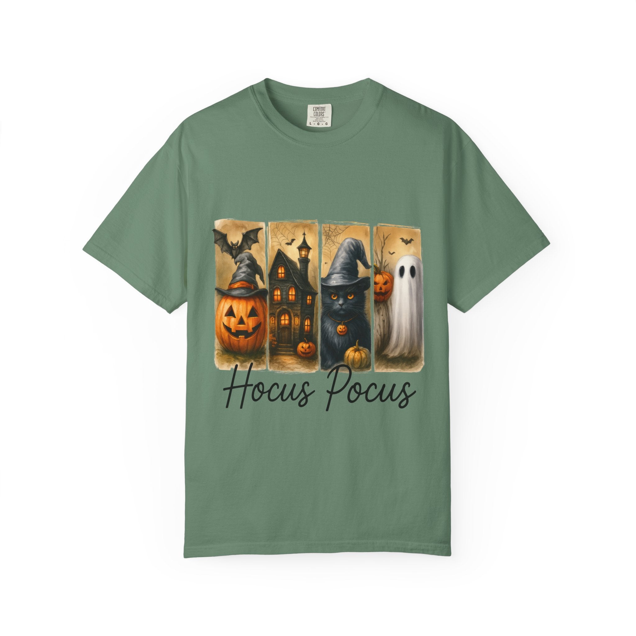 Hocus Pocus Halloween Unisex T-Shirt – Witchy Cat, Haunted House, Pumpkin & Ghost Art