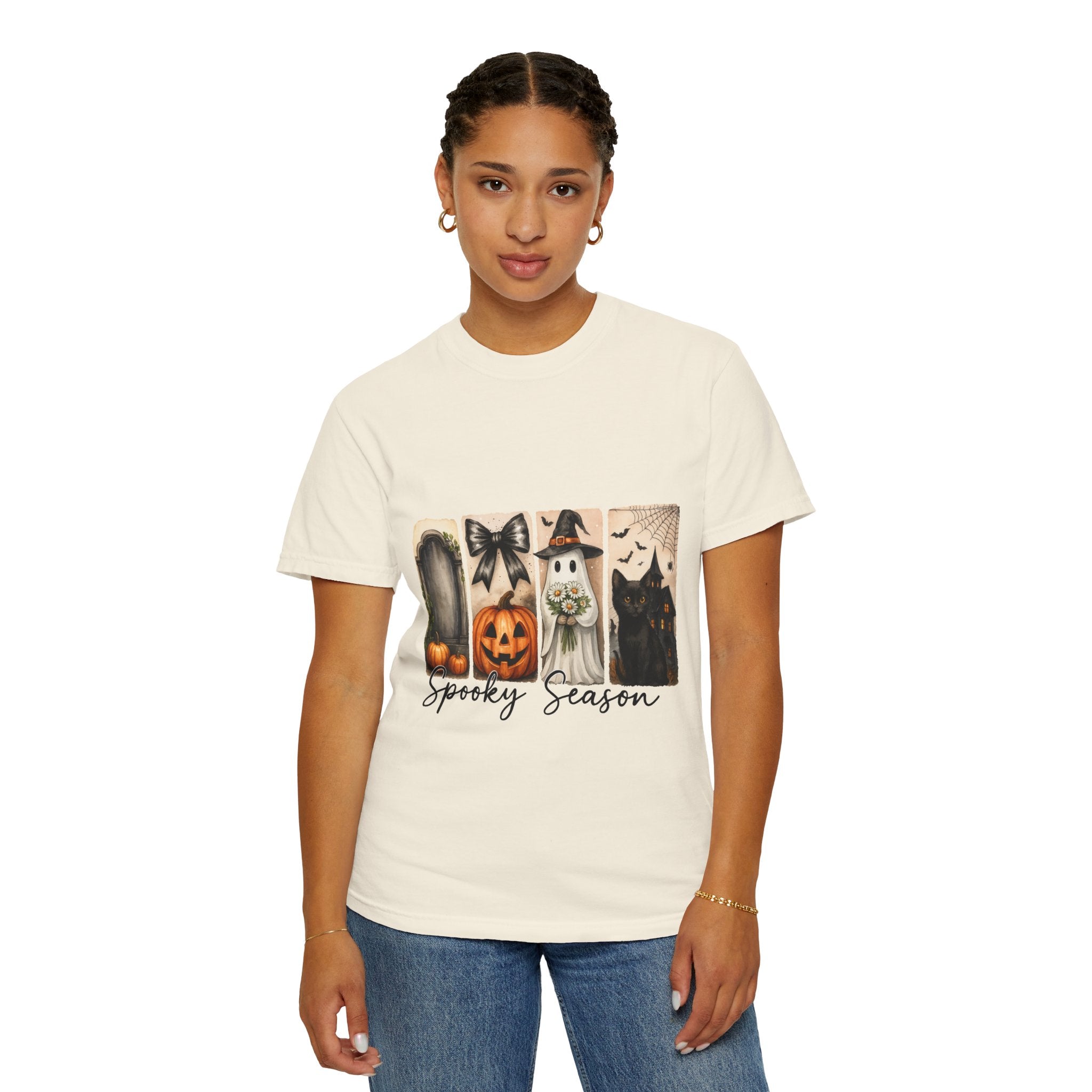 Spooky Season Unisex Halloween T-Shirt – Ghost, Black Cat, Pumpkin & Haunted House Art