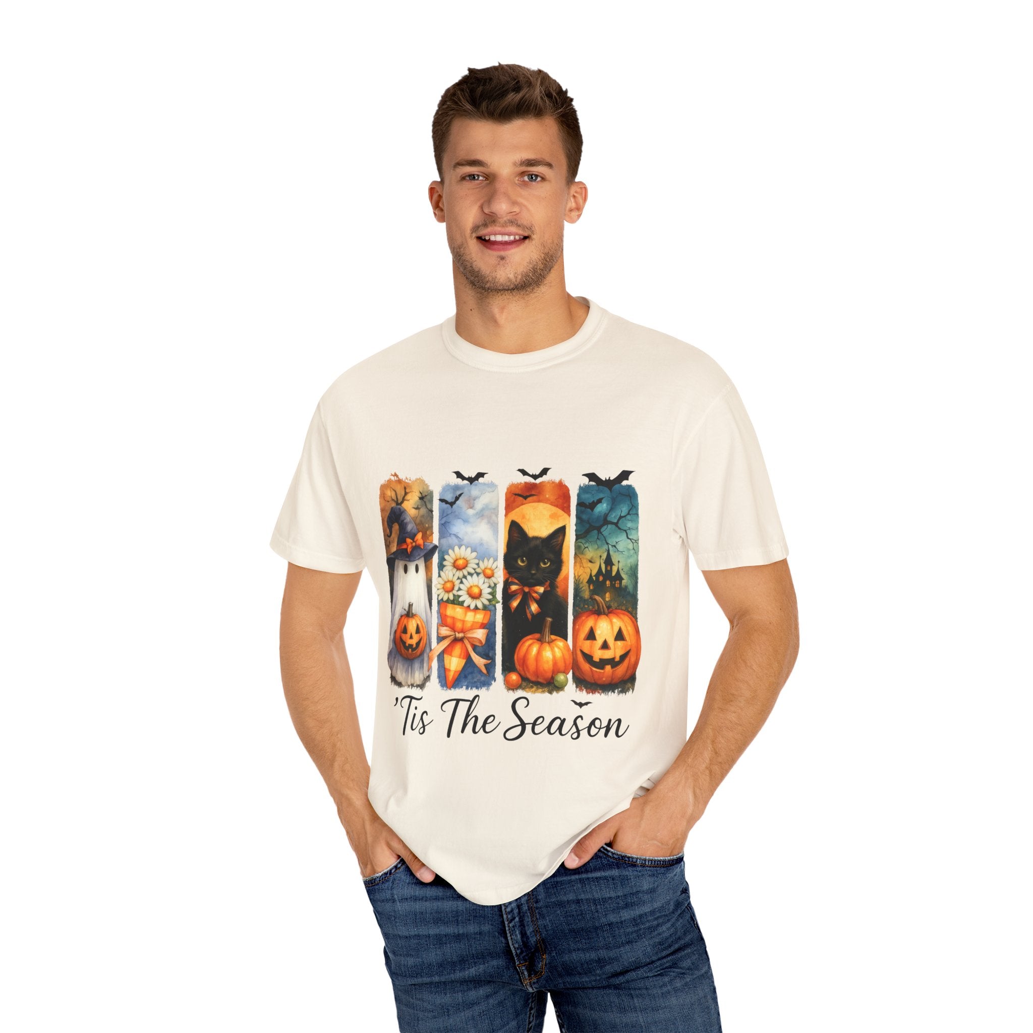 Whimsical Halloween T-Shirt – Ghost, Black Cat, Pumpkins & Haunted House Design