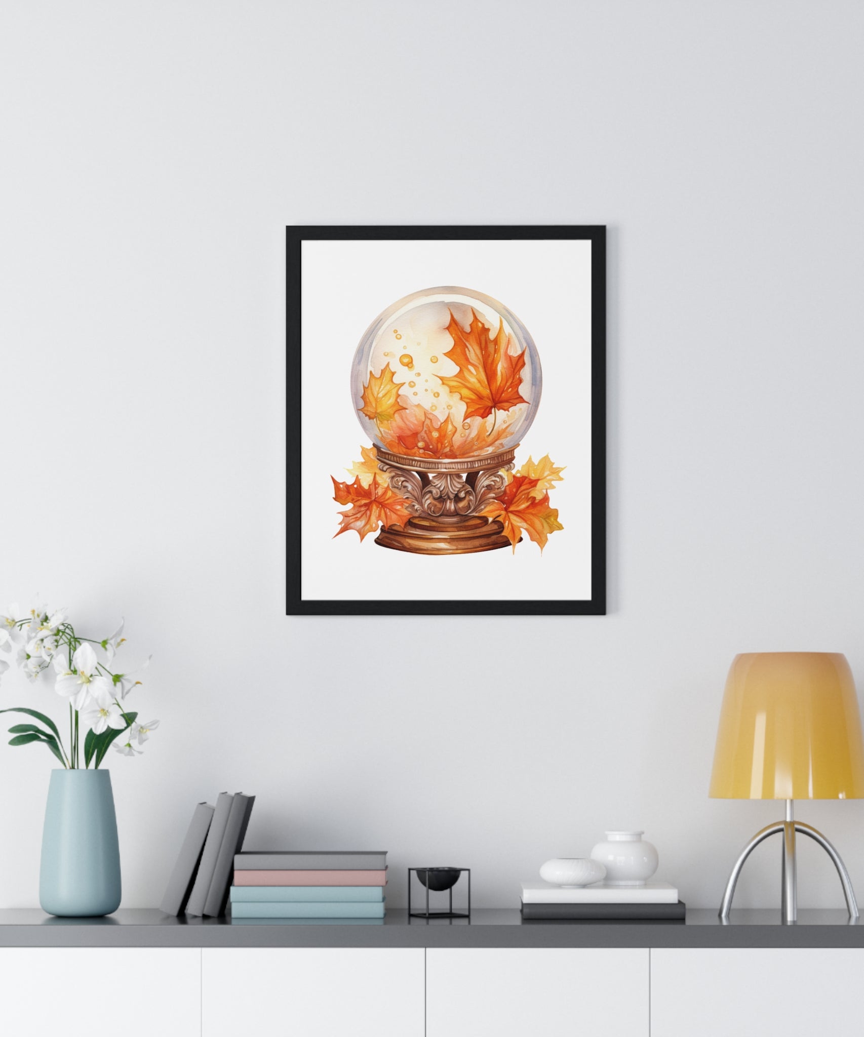 Floating Leaves Snow Globe Wall Art – Ornate Autumn Fantasy Poster | Wooden Frame Seasonal Home Decor