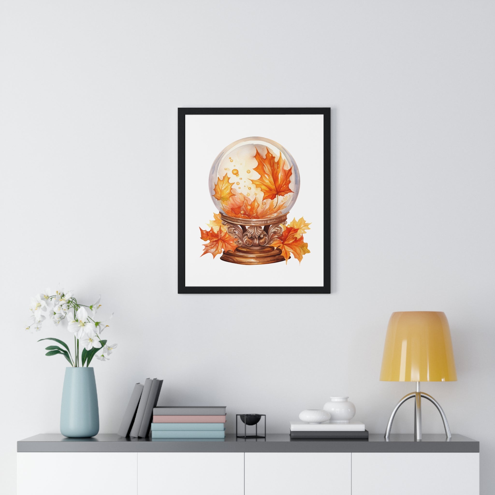 Floating Leaves Snow Globe Wall Art – Ornate Autumn Fantasy Poster | Wooden Frame Seasonal Home Decor
