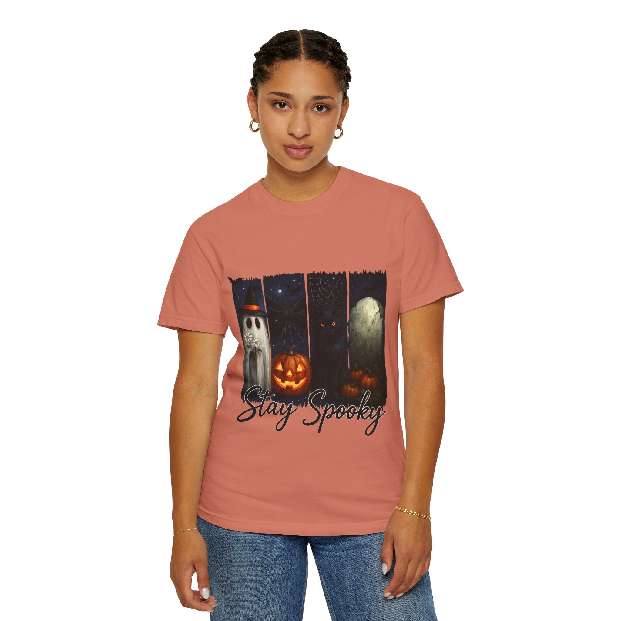 Stay Spooky Halloween T-Shirt – Cute Ghost, Black Cat, Pumpkin & Graveyard Design