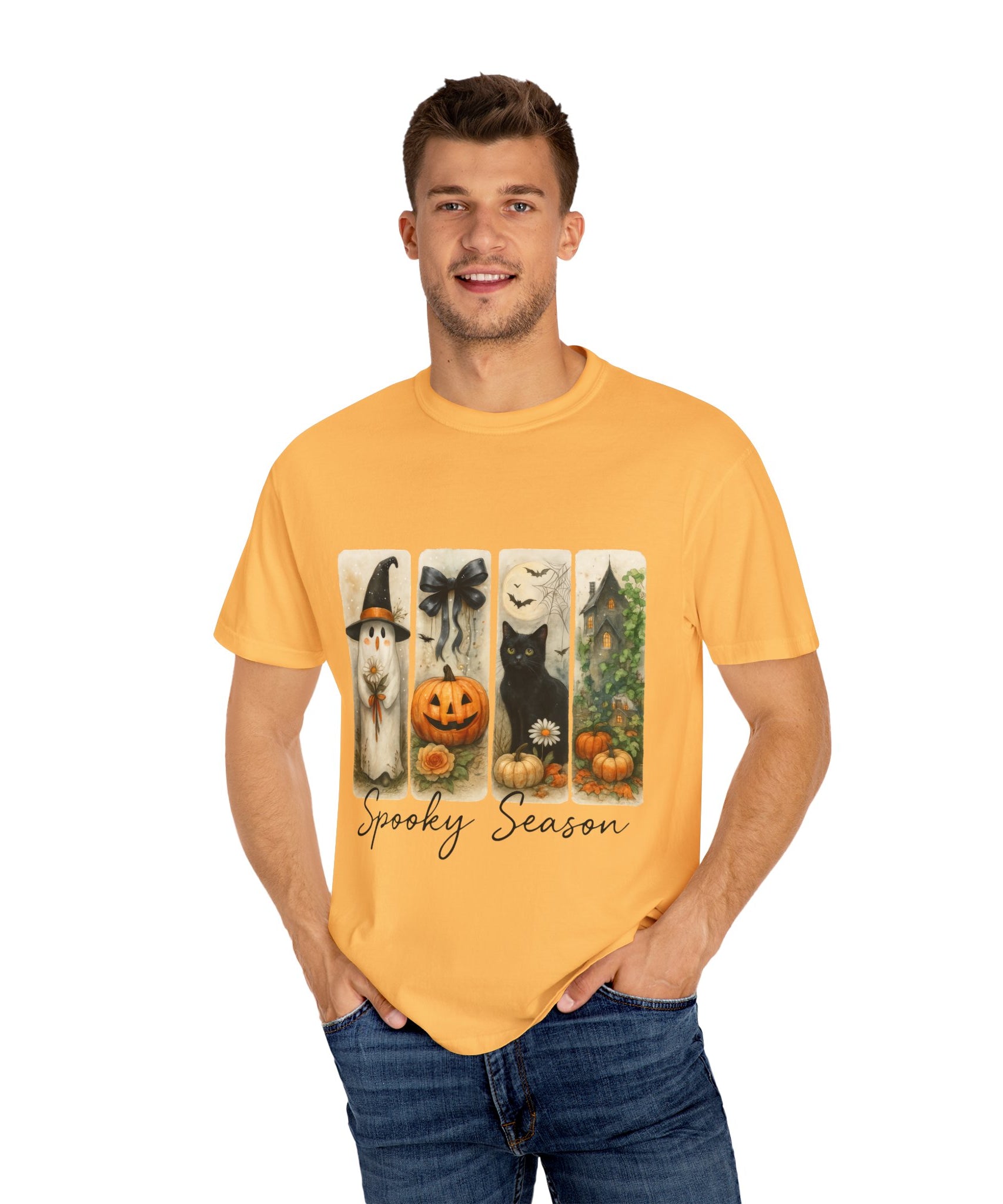 Vintage Halloween Unisex T-Shirt – Cute Ghost, Black Cat, Pumpkin & Haunted House Art - Gallory Hive