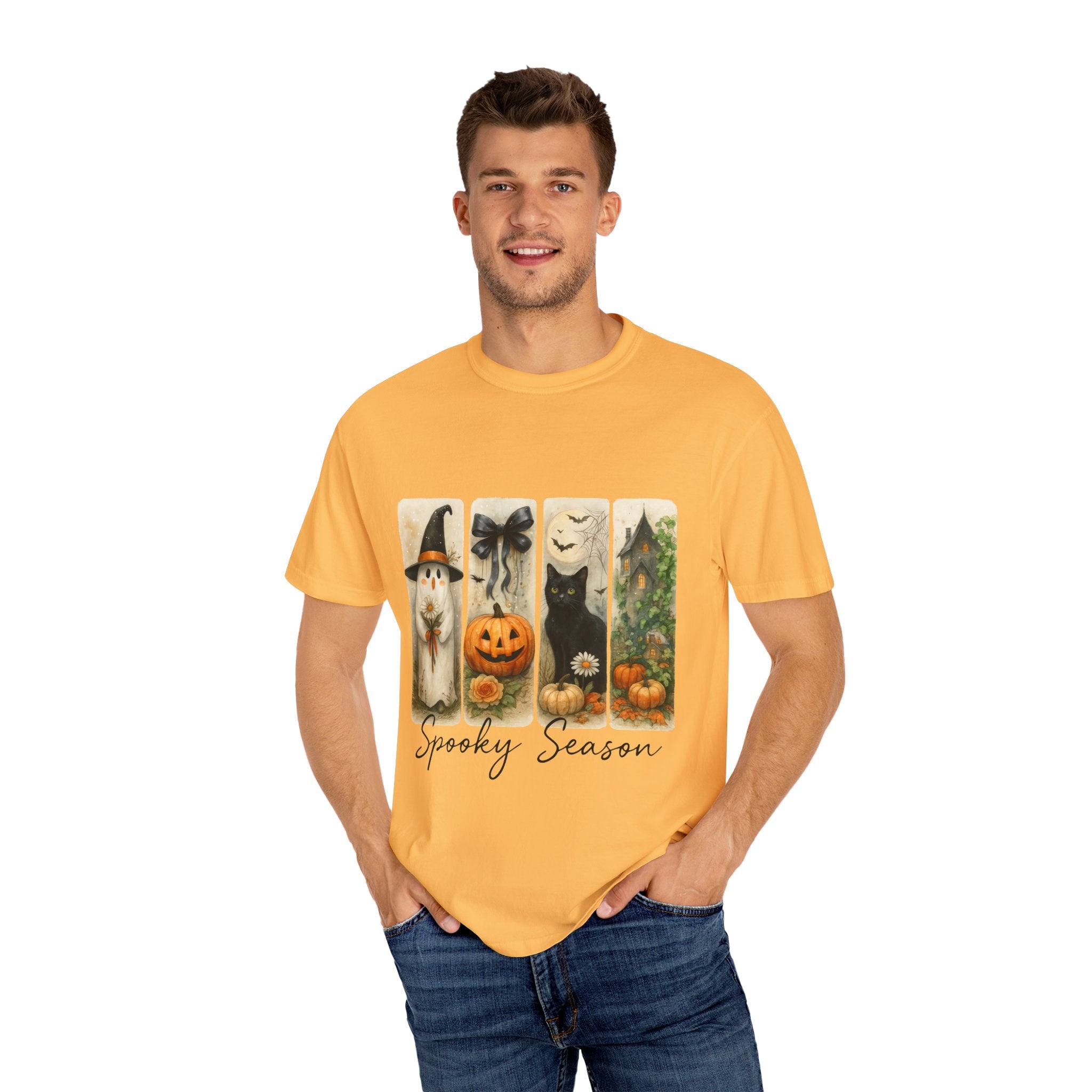 Vintage Halloween Unisex T-Shirt – Cute Ghost, Black Cat, Pumpkin & Haunted House Art - Gallory Hive