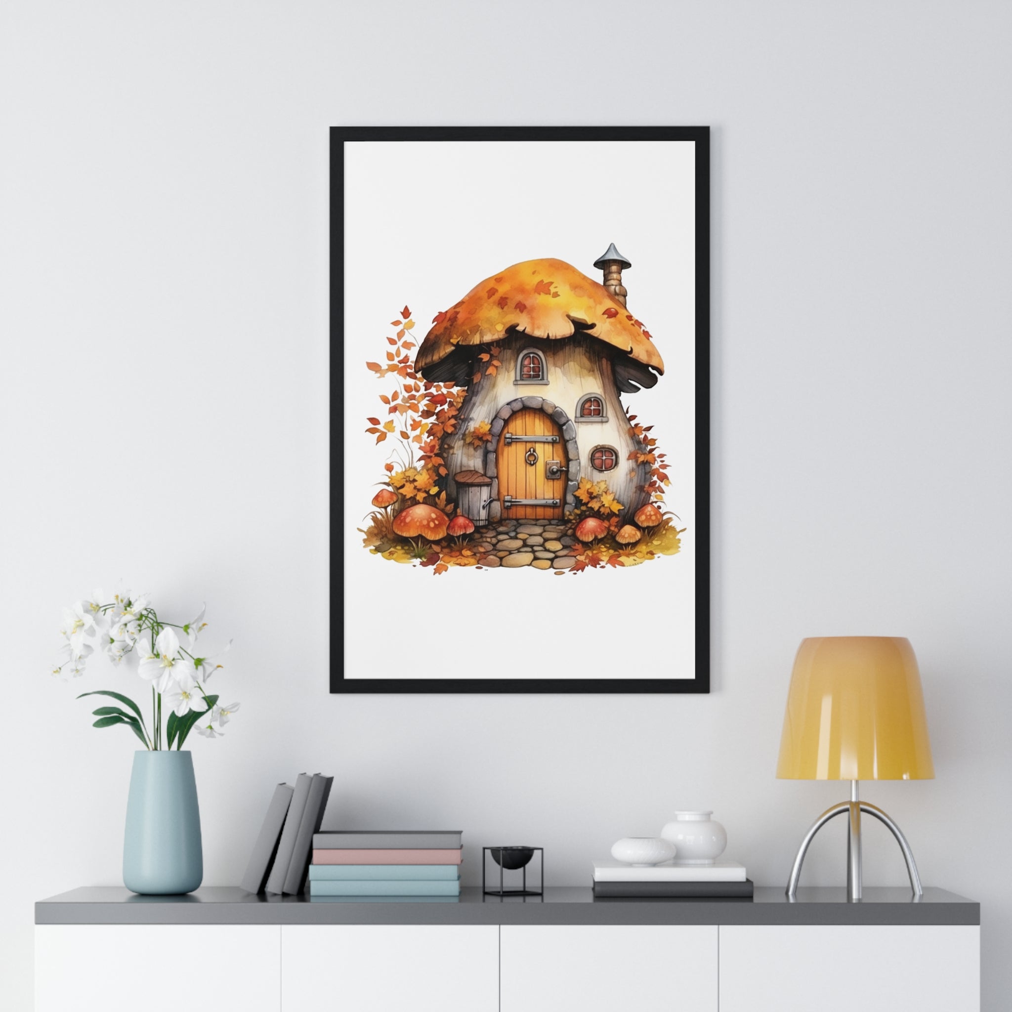 Whimsical Mushroom House Wall Art – Autumn Fairy-Tale Cottage with Pumpkins & Leaves | Wooden Frame Seasonal Decor