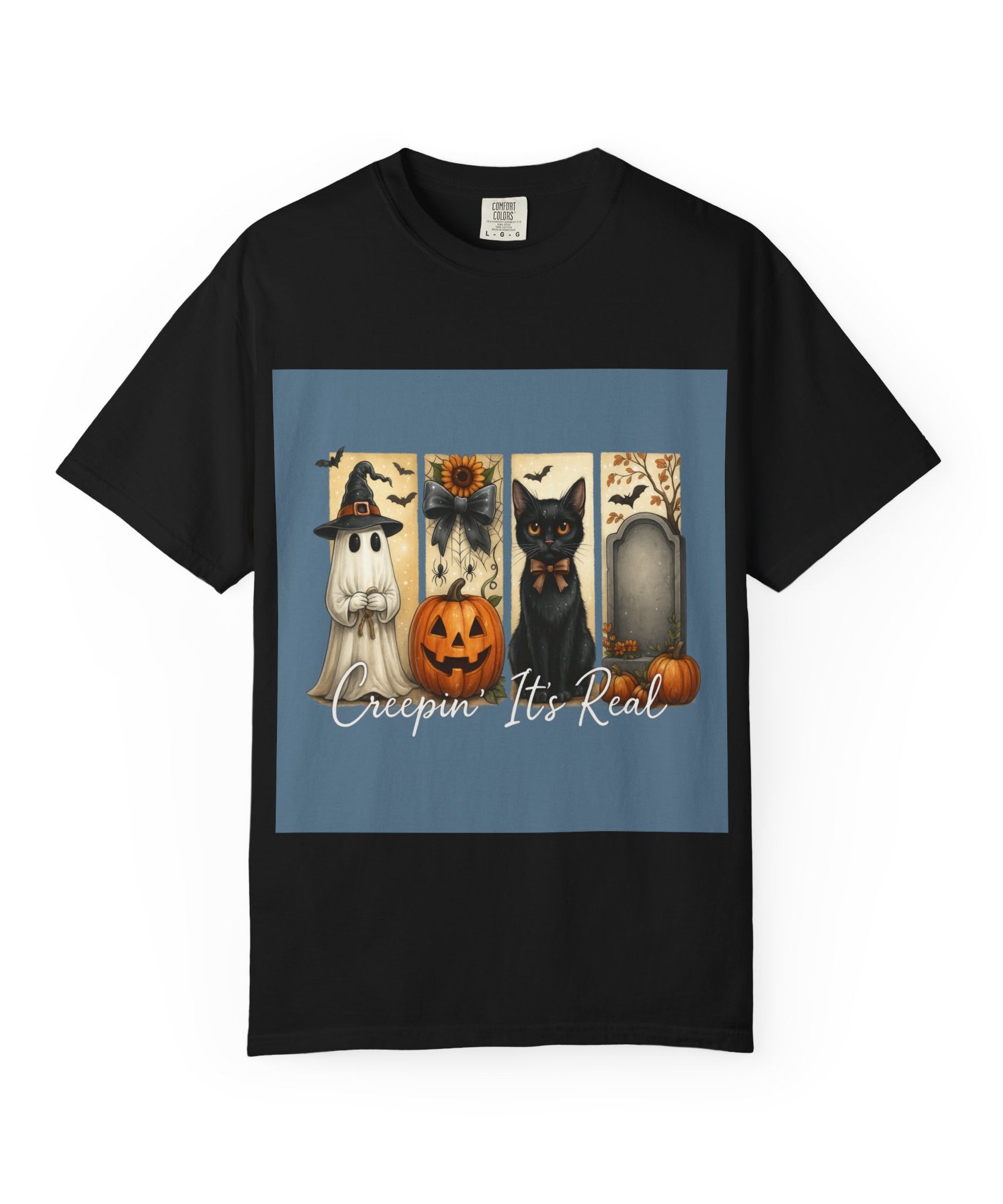 Creepin’ It’s Real Halloween T-Shirt – Cute Ghost, Pumpkin, Black Cat & Tombstone Design - Gallory Hive