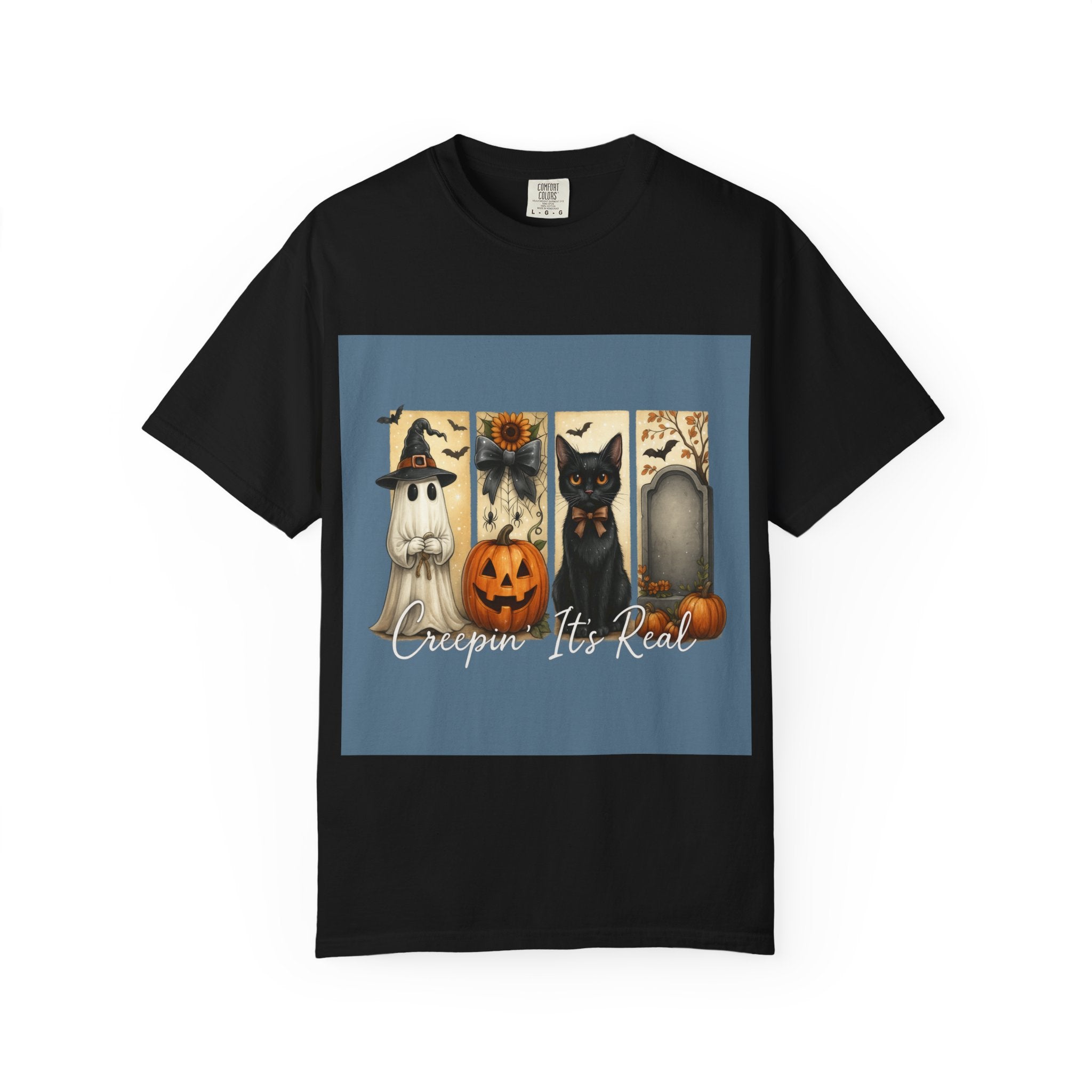 Creepin’ It’s Real Halloween T-Shirt – Cute Ghost, Pumpkin, Black Cat & Tombstone Design