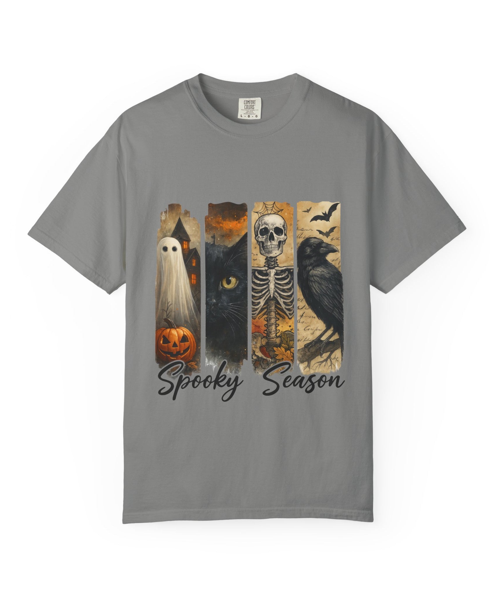 Spooky Season Gothic Halloween T-Shirt – Ghost, Black Cat, Skeleton & Raven Design - Gallory Hive