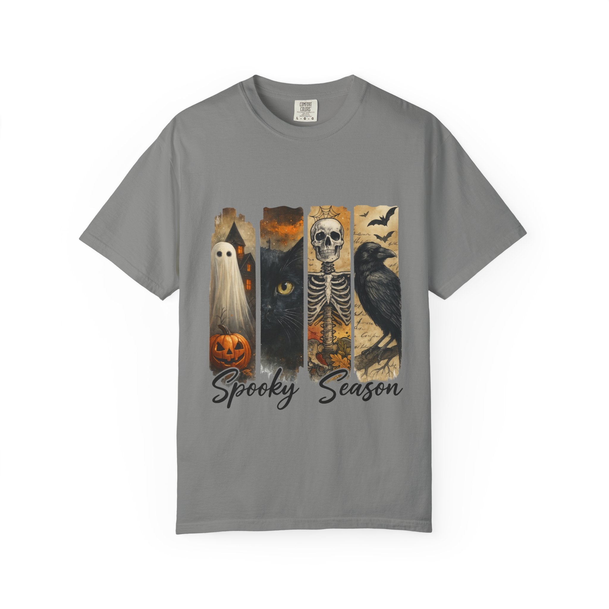 Spooky Season Gothic Halloween T-Shirt – Ghost, Black Cat, Skeleton & Raven Design