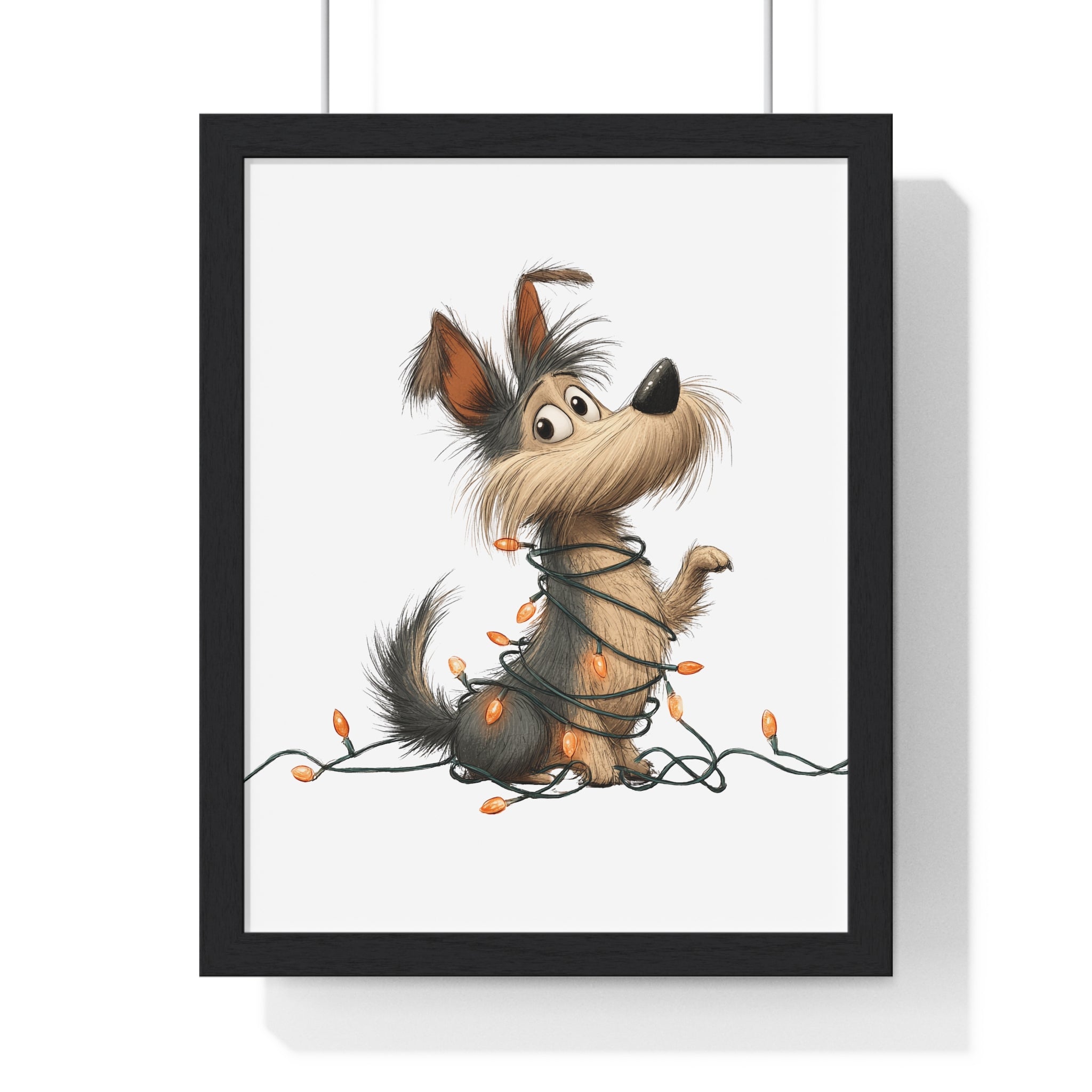 Whimsical Dog Wrapped in Holiday Lights – Wooden Framed Wall Art - Gallory Hive