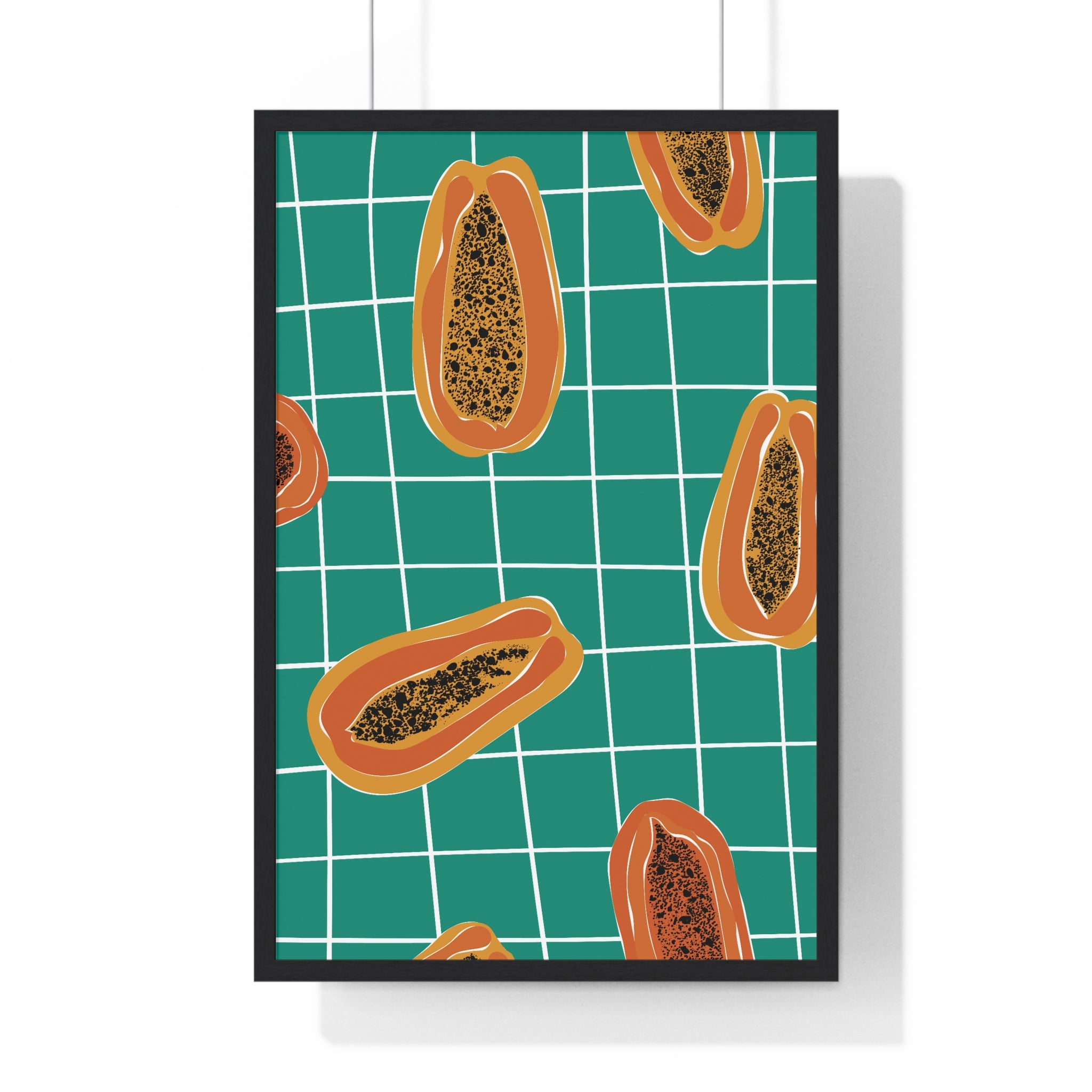 Vibrant Papaya Slices Art on Teal Grid in Premium Wood Frame
