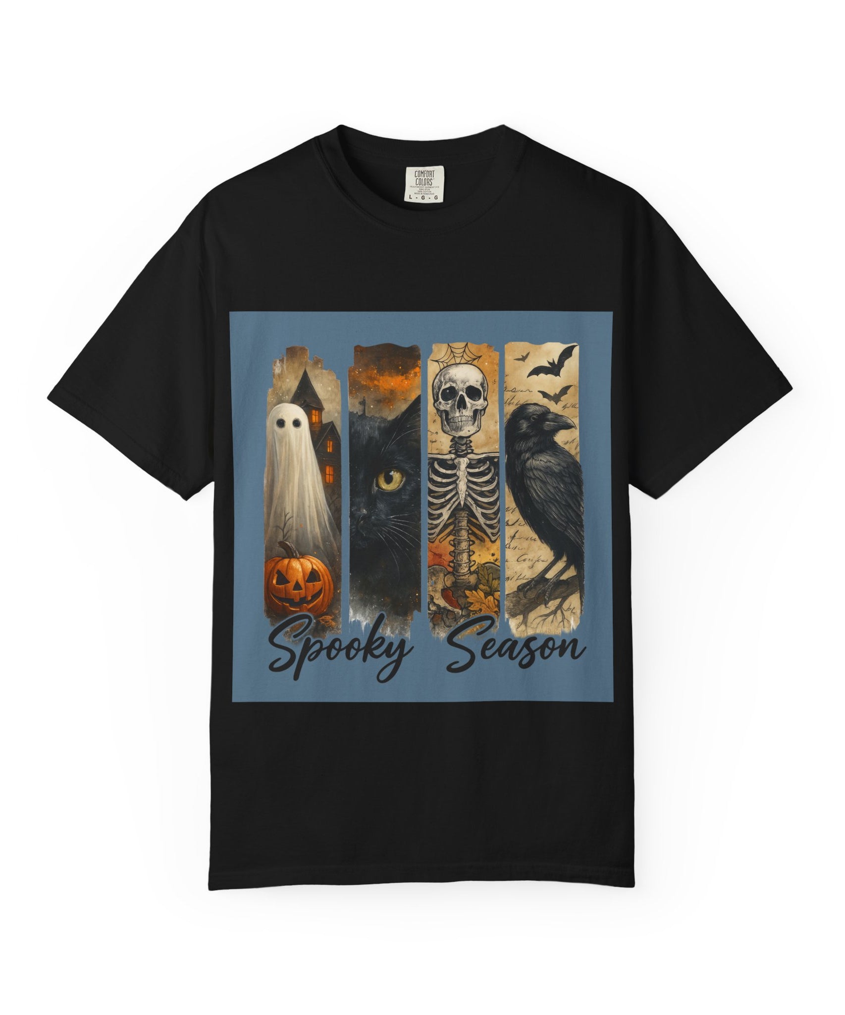 Spooky Season Gothic Halloween T-Shirt – Ghost, Black Cat, Skeleton & Raven Design - Gallory Hive