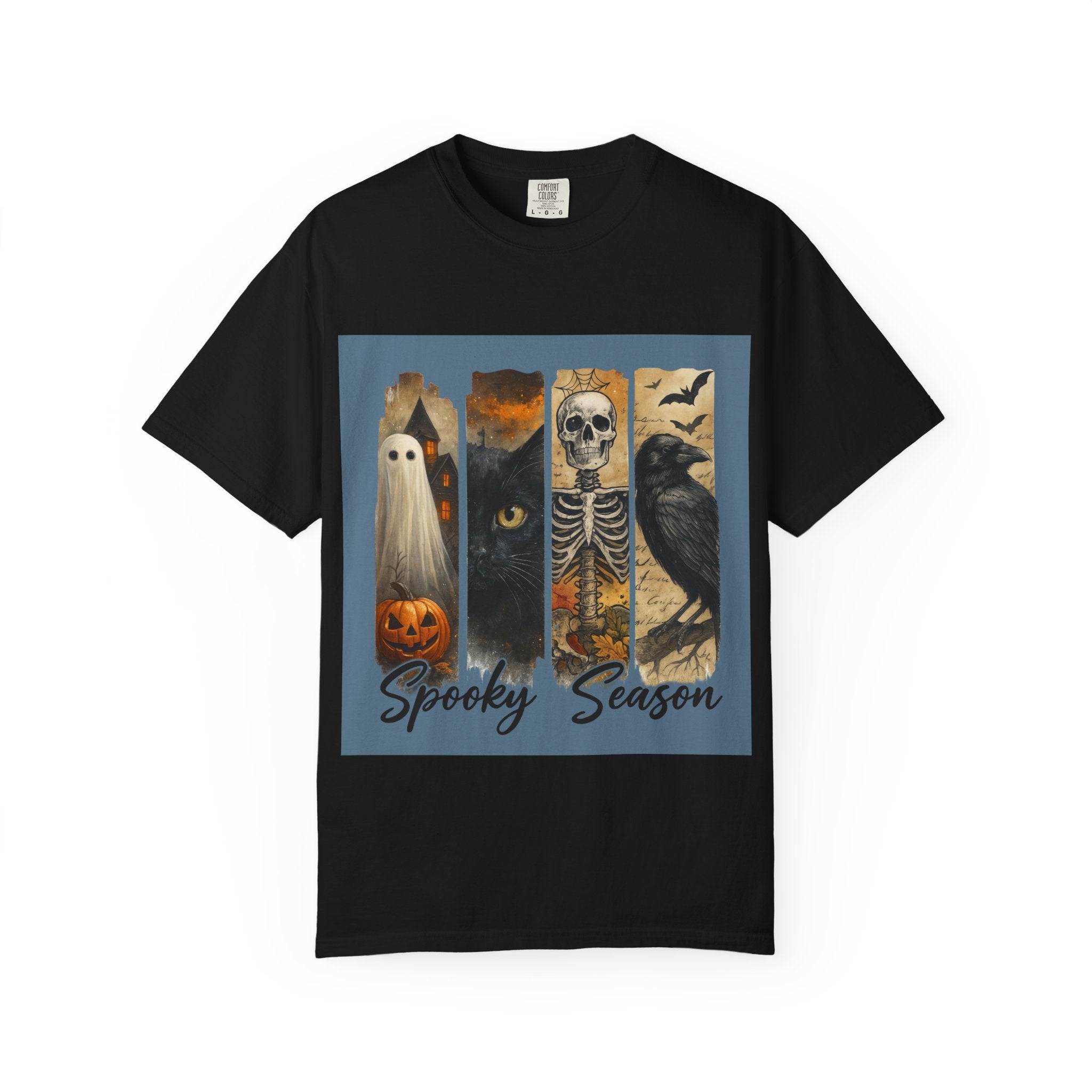 Spooky Season Gothic Halloween T-Shirt – Ghost, Black Cat, Skeleton & Raven Design