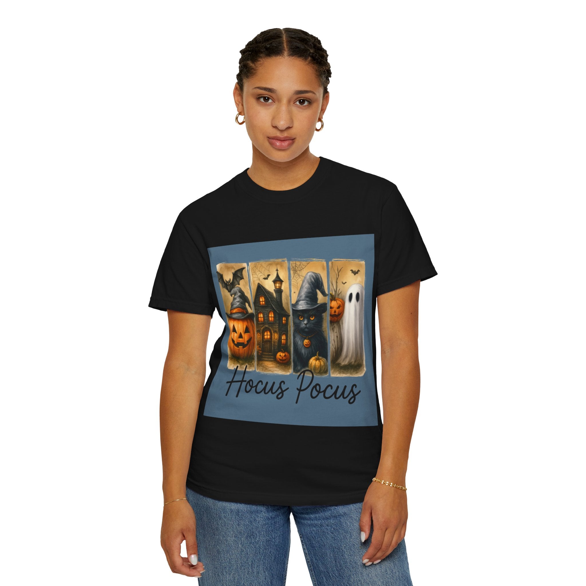 Hocus Pocus Halloween Unisex T-Shirt – Witchy Cat, Haunted House, Pumpkin & Ghost Art