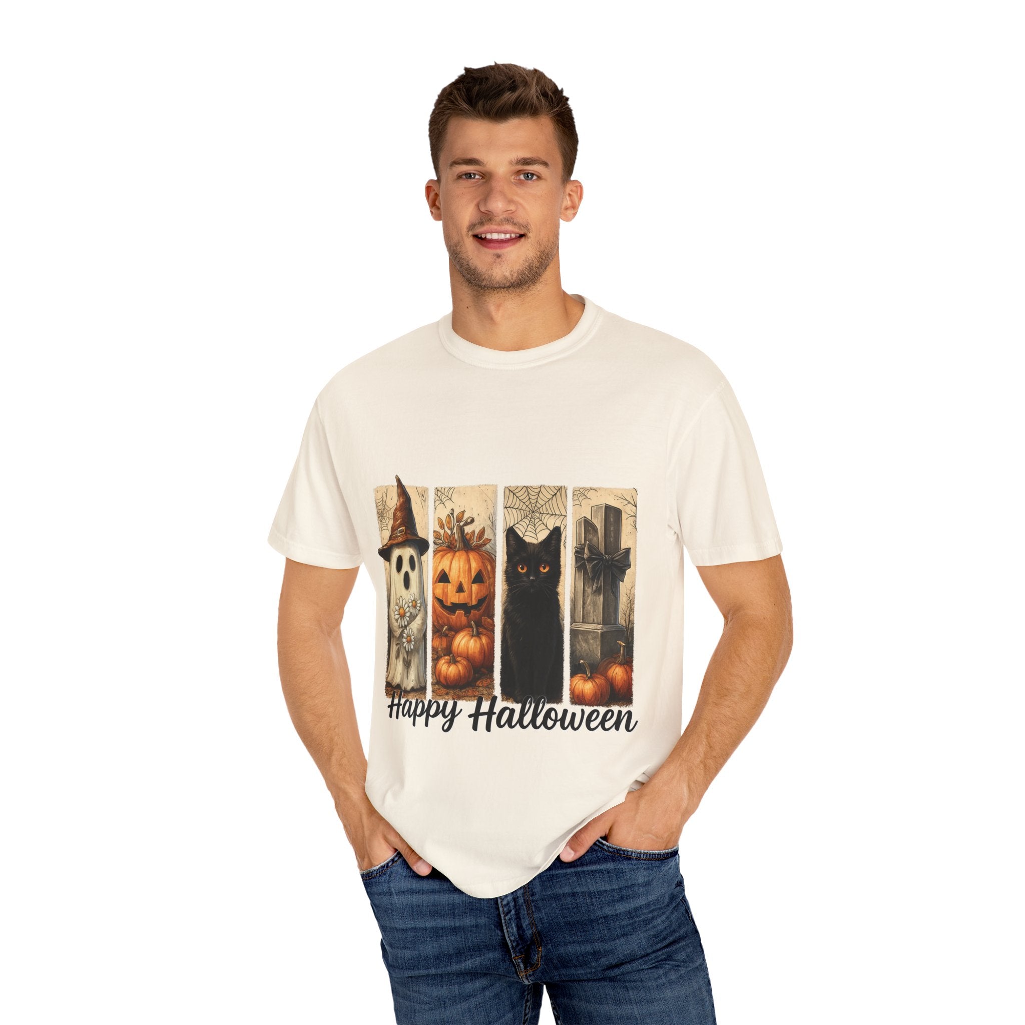 Happy Halloween Unisex T-Shirt – Ghost, Black Cat & Pumpkin Graphic Tee