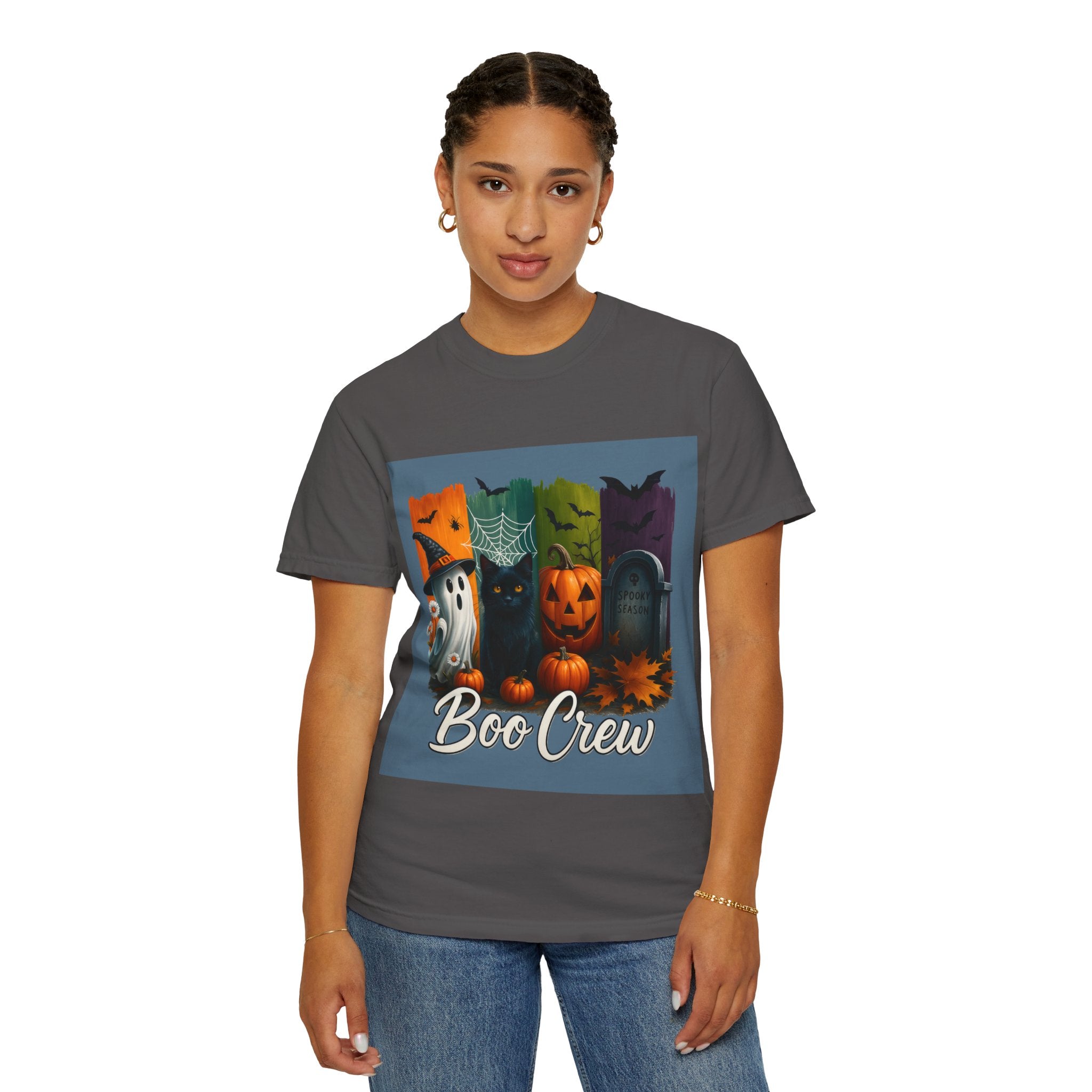 Boo Crew Halloween Unisex T-Shirt – Cute Ghost, Black Cat, Pumpkin & Tombstone Design