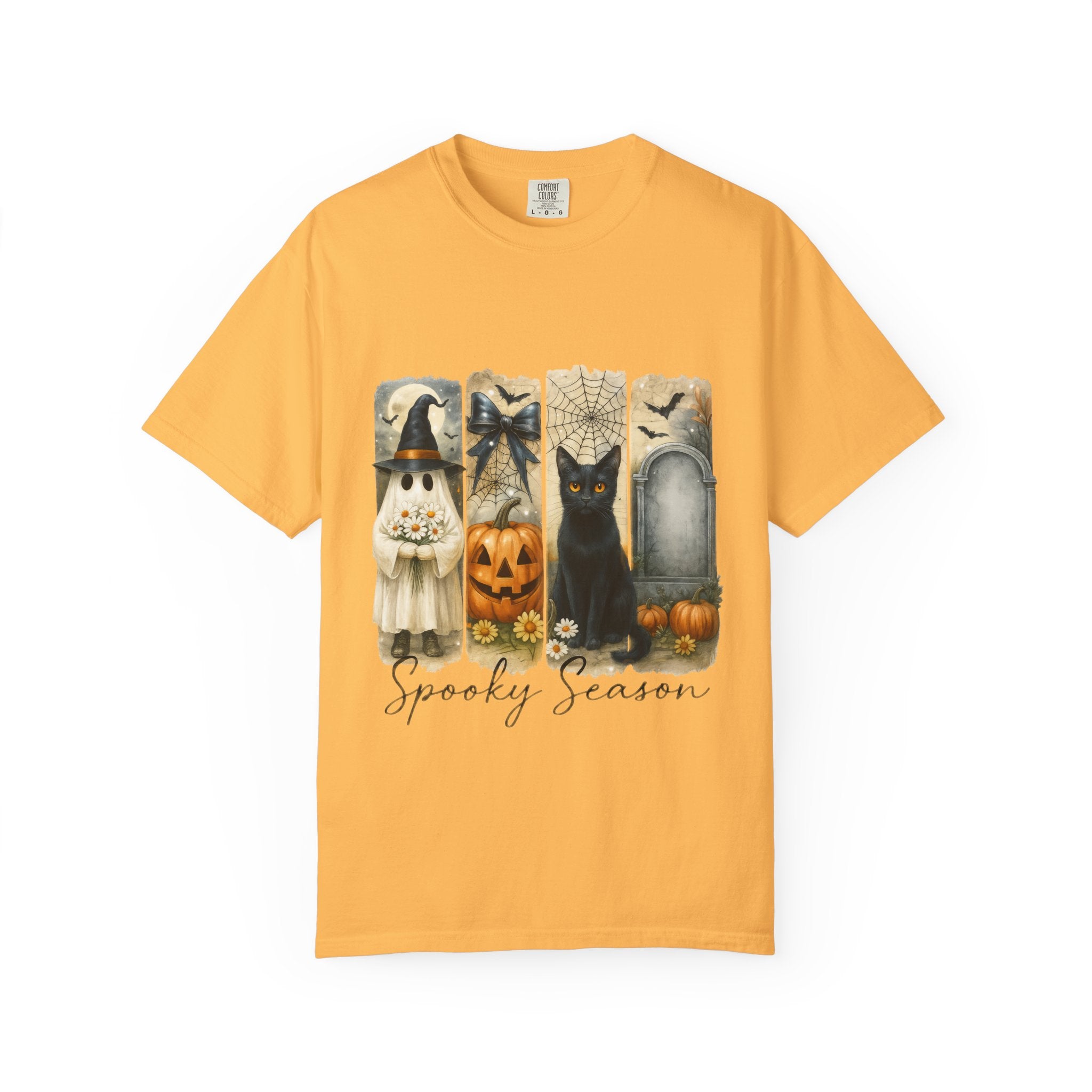 Spooky Season Halloween Unisex T-Shirt – Ghost, Black Cat & Pumpkin Design