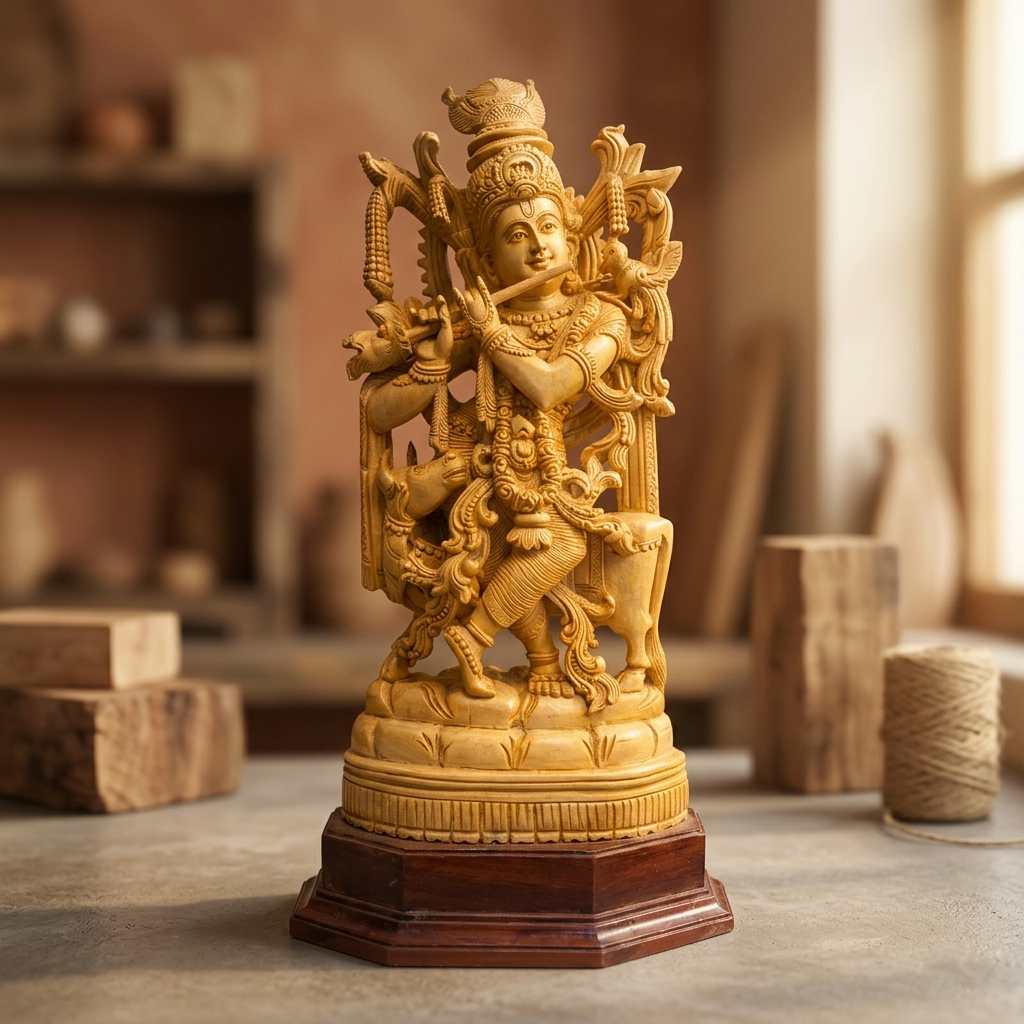 Handmade Standing Krishna with Cow Wooden Sculpture | Gallory Hive