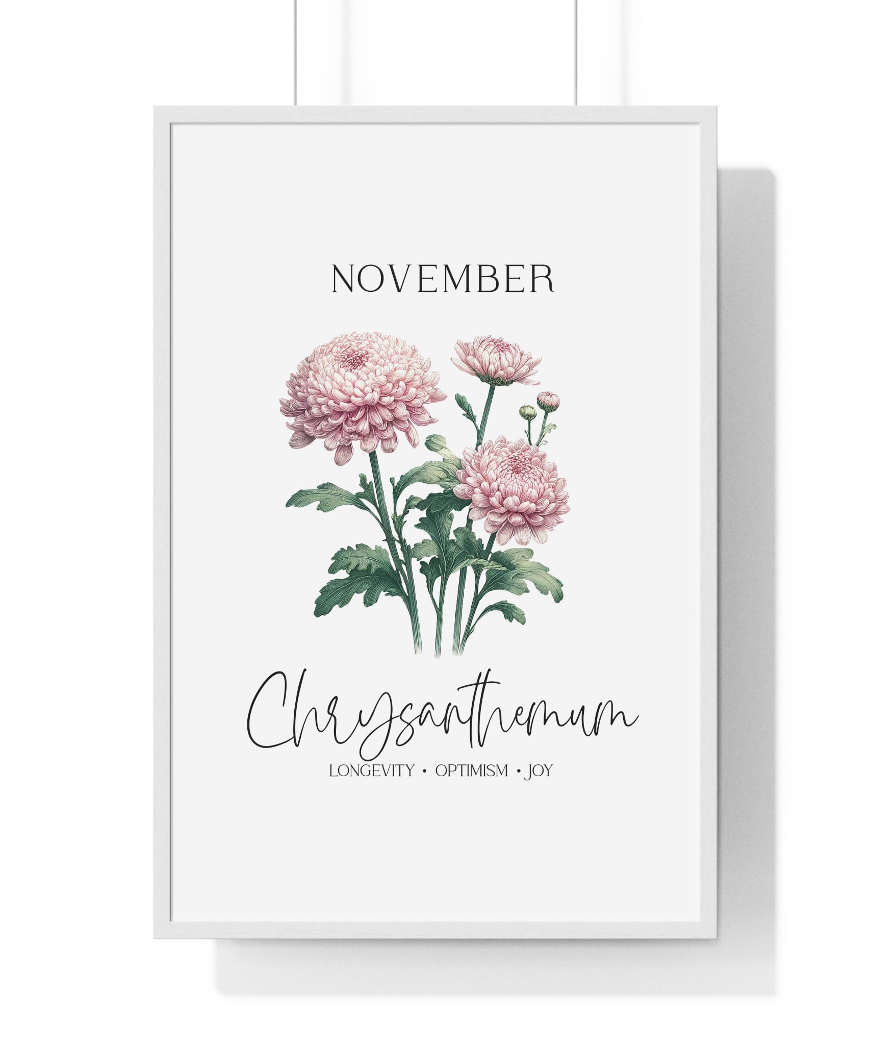 November Birth Month Flower Wall Art – Chrysanthemum Illustration in Wooden Frame | Longevity, Optimism & Joy