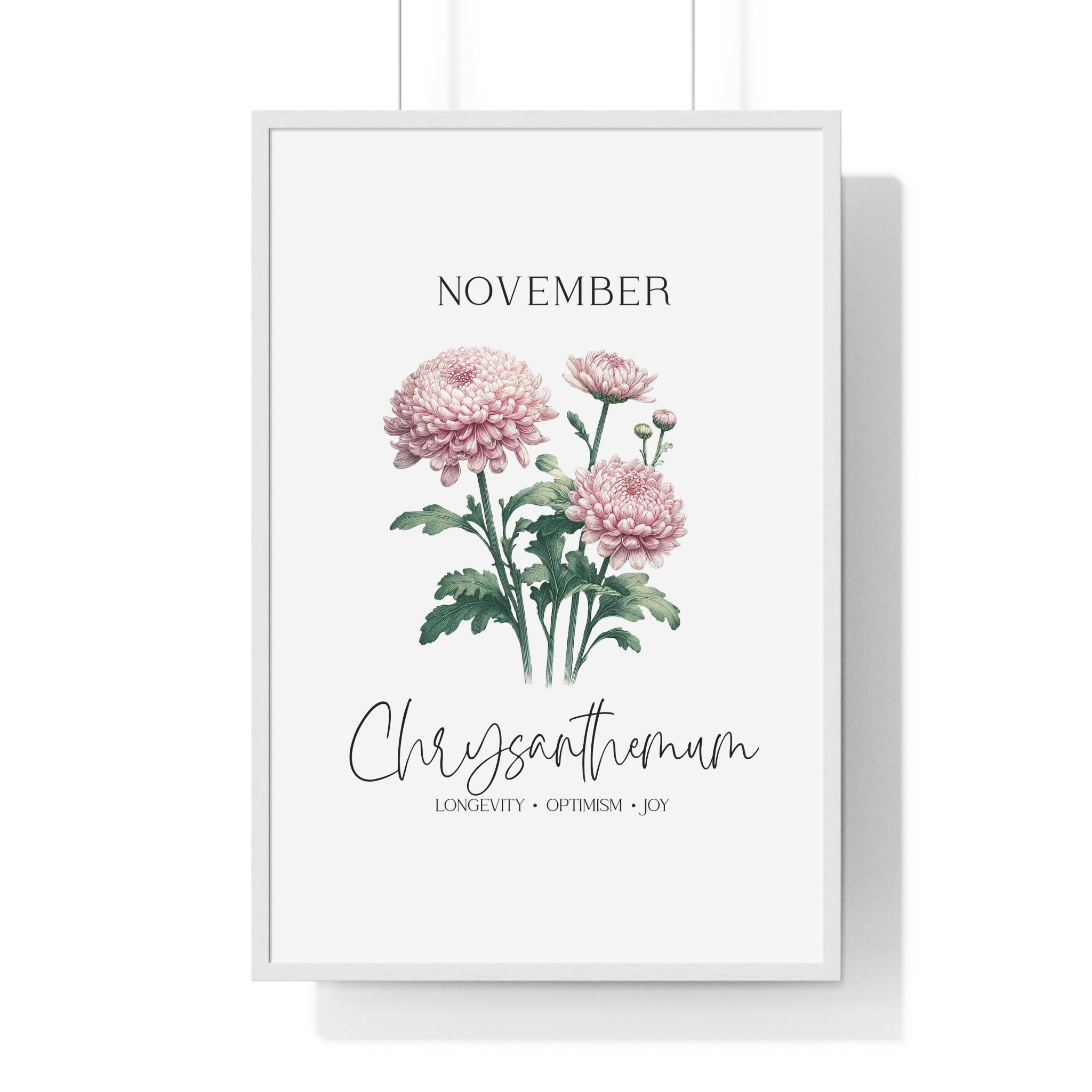 November Birth Month Flower Wall Art – Chrysanthemum Illustration in Wooden Frame | Longevity, Optimism & Joy