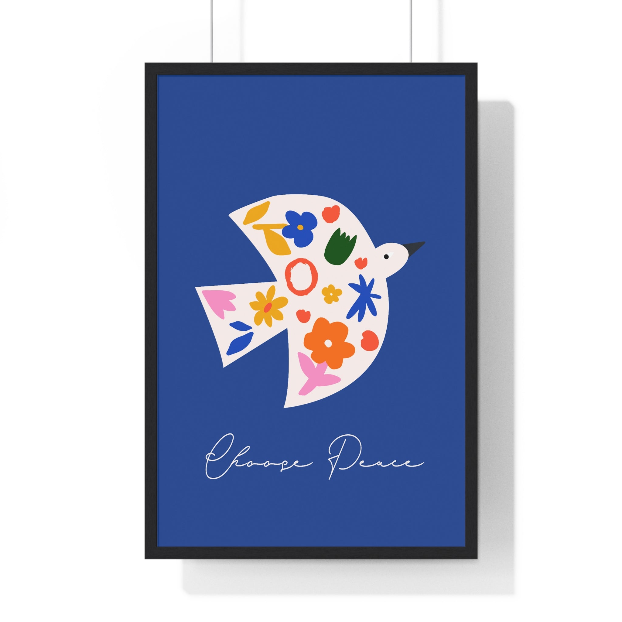 Colorful Peace Bird with Flowers Art in Premium Wood Frame