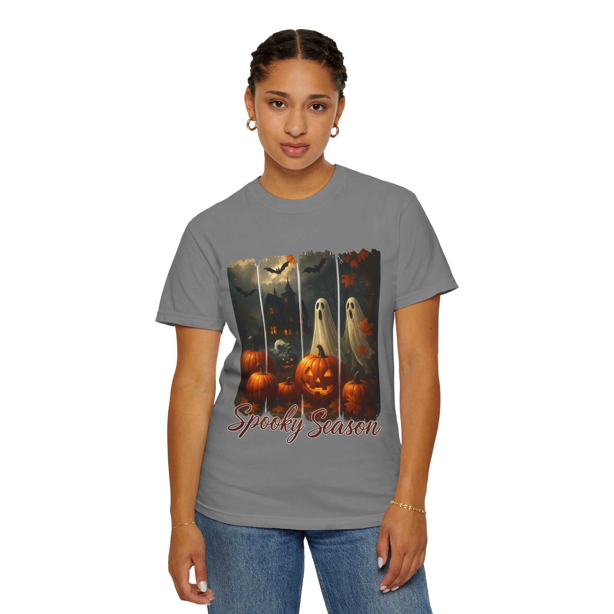 Spooky Season Unisex Halloween T-Shirt – Haunted House, Pumpkins & Ghosts Fall Design