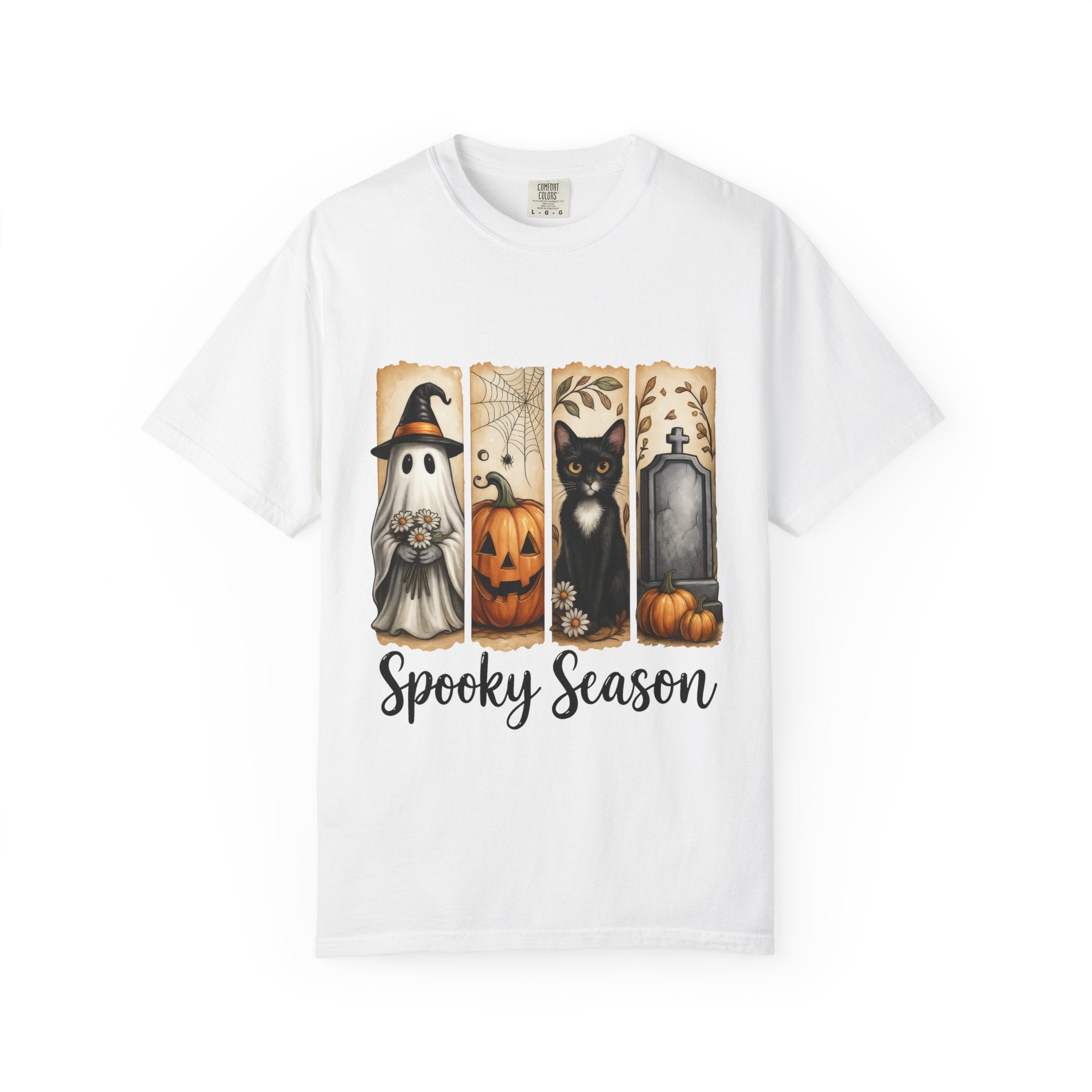 Spooky Season Halloween Unisex T-Shirt – Ghost, Cat & Pumpkin Design