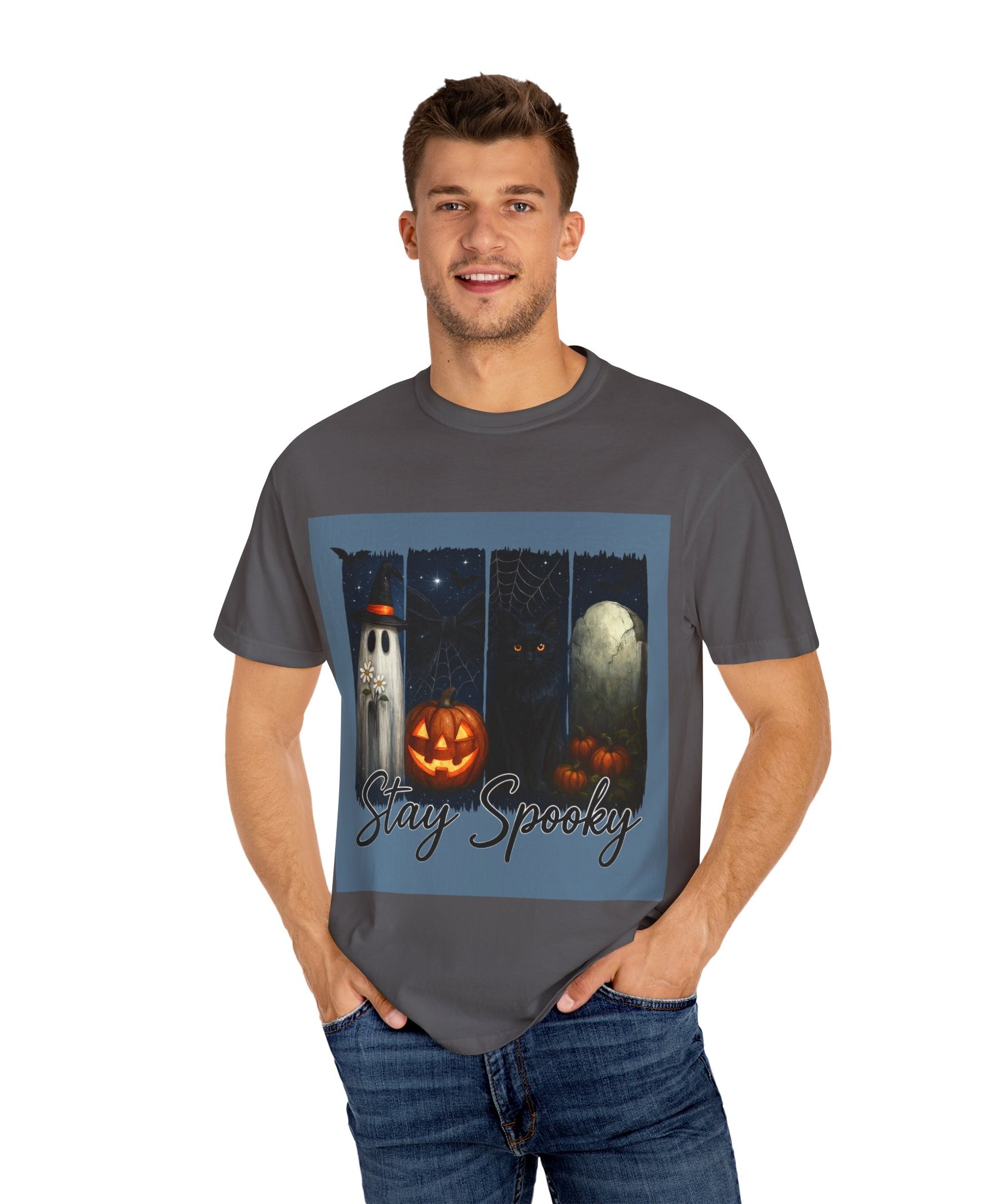 Stay Spooky Halloween T-Shirt – Cute Ghost, Black Cat, Pumpkin & Graveyard Design - Gallory Hive