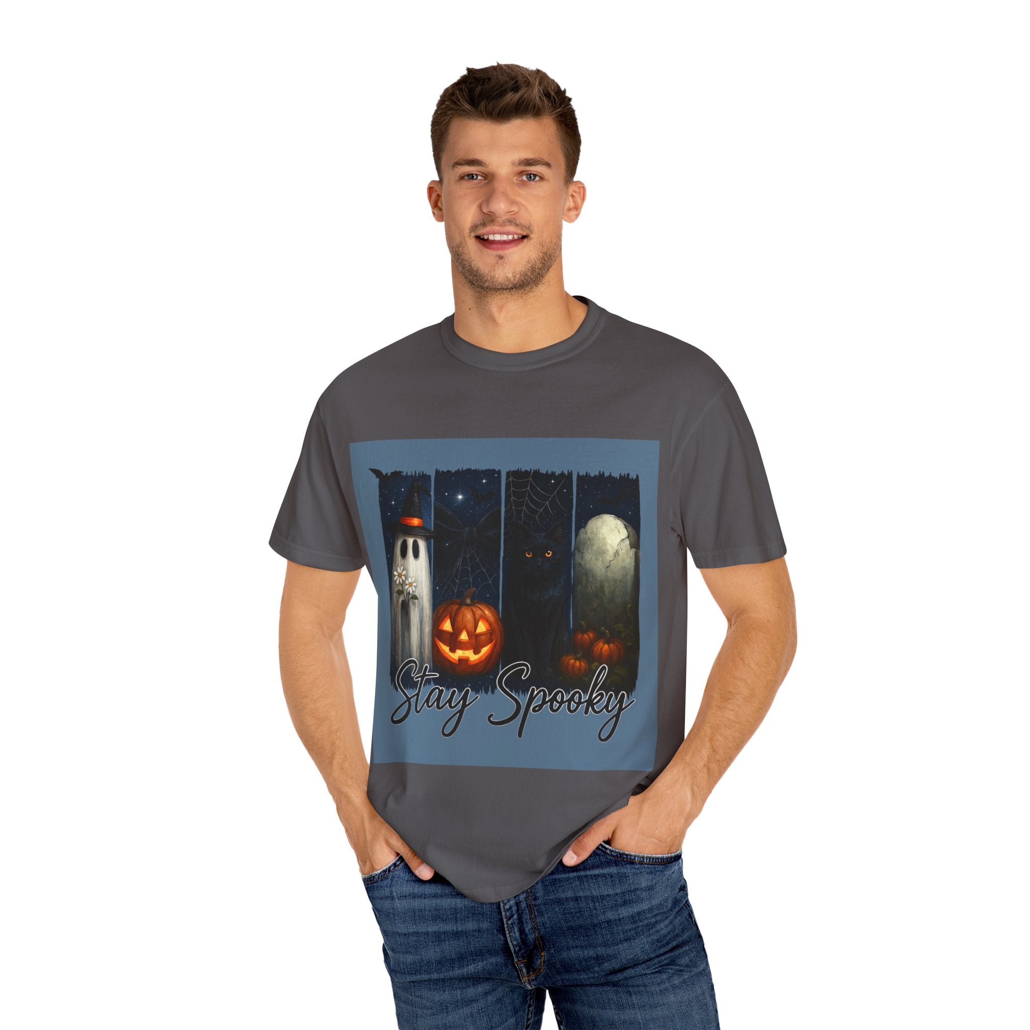 Stay Spooky Halloween T-Shirt – Cute Ghost, Black Cat, Pumpkin & Graveyard Design - Gallory Hive