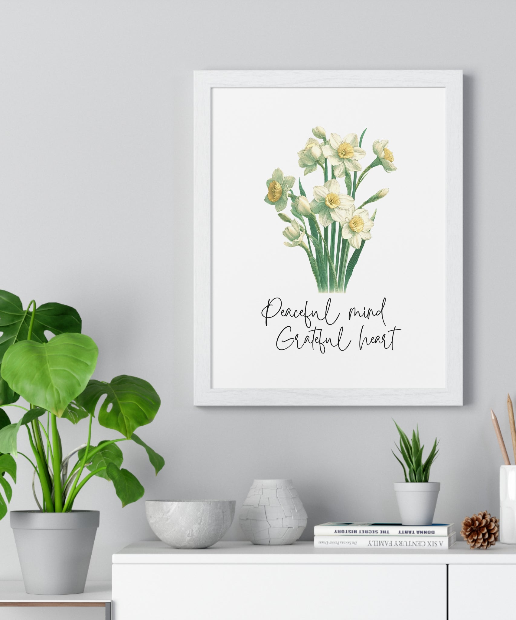 December Birth Month Flower Wall Art – Narcissus Illustration with Inspirational Quote in Wooden Frame | Peaceful Mind & Grateful Heart