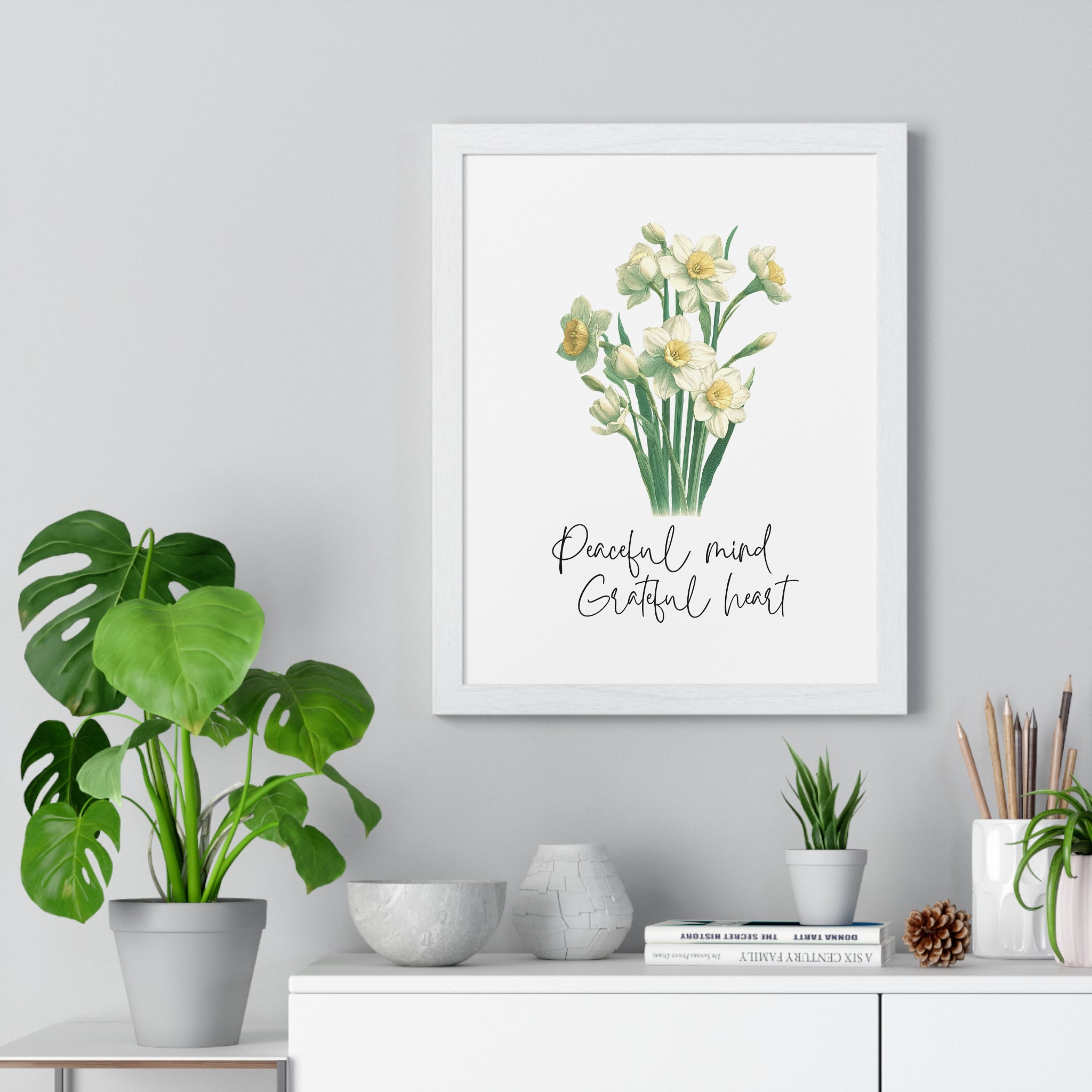 December Birth Month Flower Wall Art – Narcissus Illustration with Inspirational Quote in Wooden Frame | Peaceful Mind & Grateful Heart