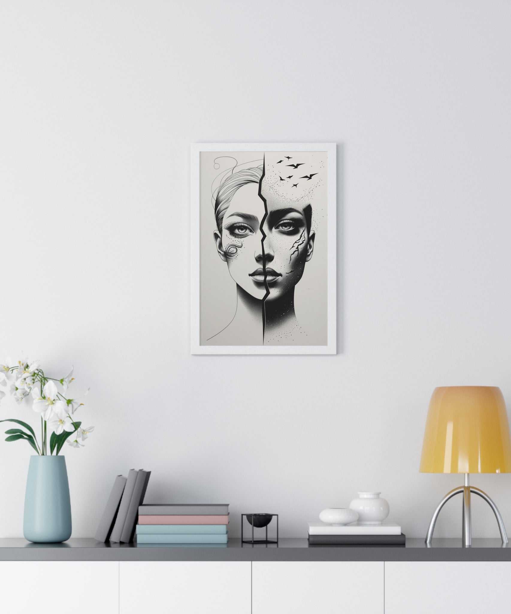 Vertical Framed Poster, Artistic Split Face Poster, Abstract Wall Art, Modern Home Decor, Unique Gift for Art Lovers, Stylish Room - Gallory Hive