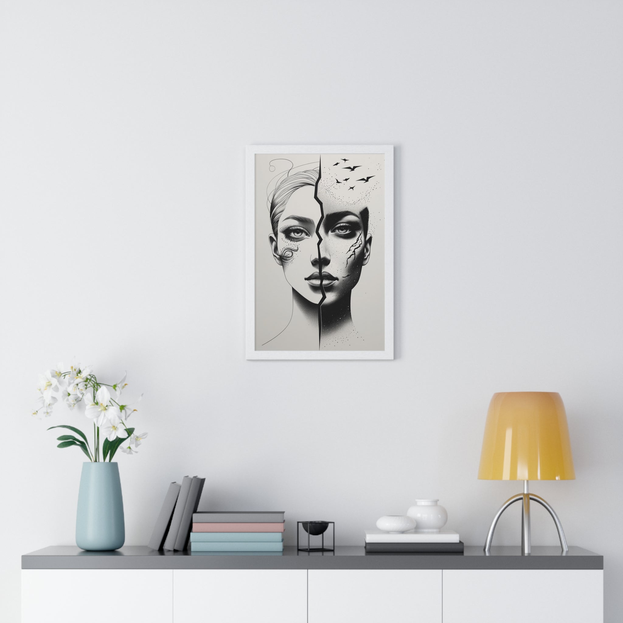 Vertical Framed Poster, Artistic Split Face Poster, Abstract Wall Art, Modern Home Decor, Unique Gift for Art Lovers, Stylish Room