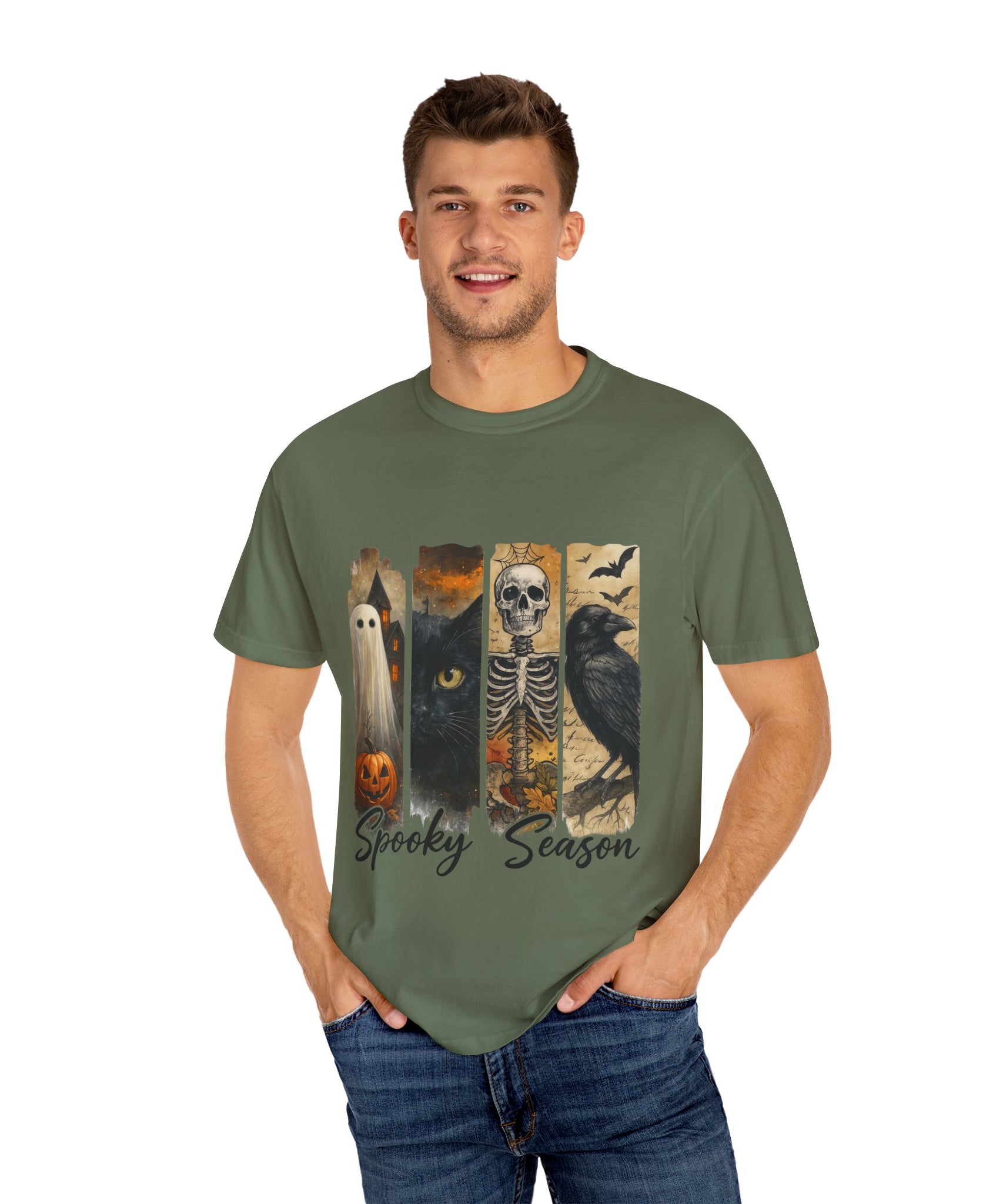 Spooky Season Gothic Halloween T-Shirt – Ghost, Black Cat, Skeleton & Raven Design - Gallory Hive