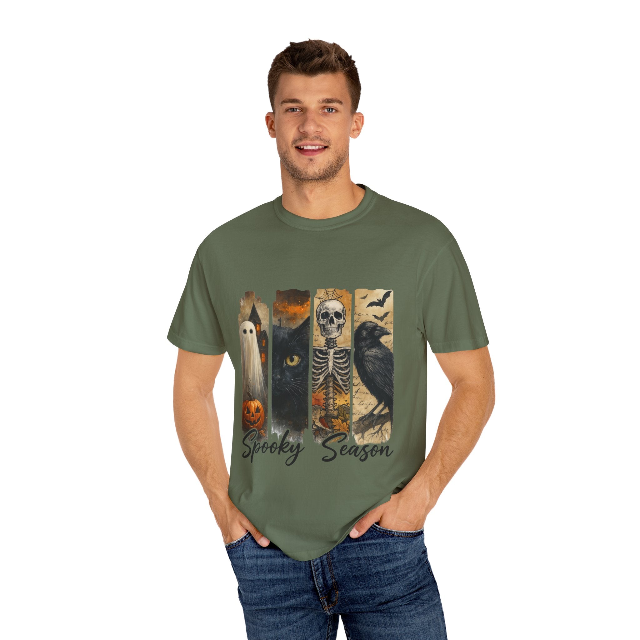 Spooky Season Gothic Halloween T-Shirt – Ghost, Black Cat, Skeleton & Raven Design