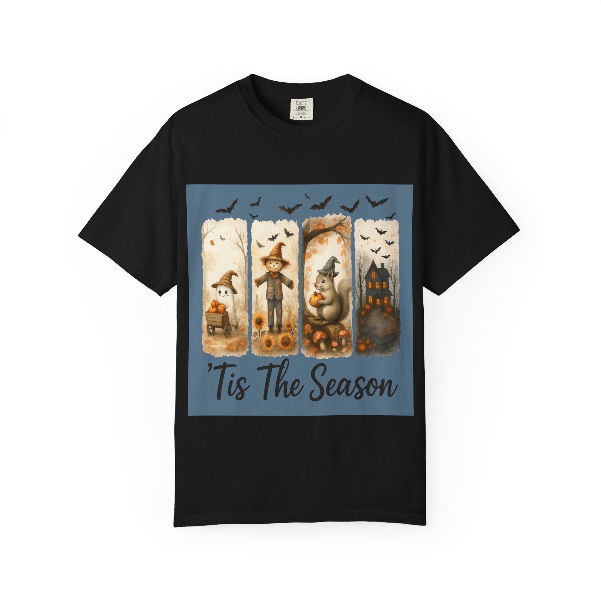 Tis The Season Fall Halloween T-Shirt – Cute Ghost, Scarecrow, Squirrel & Haunted House Design
