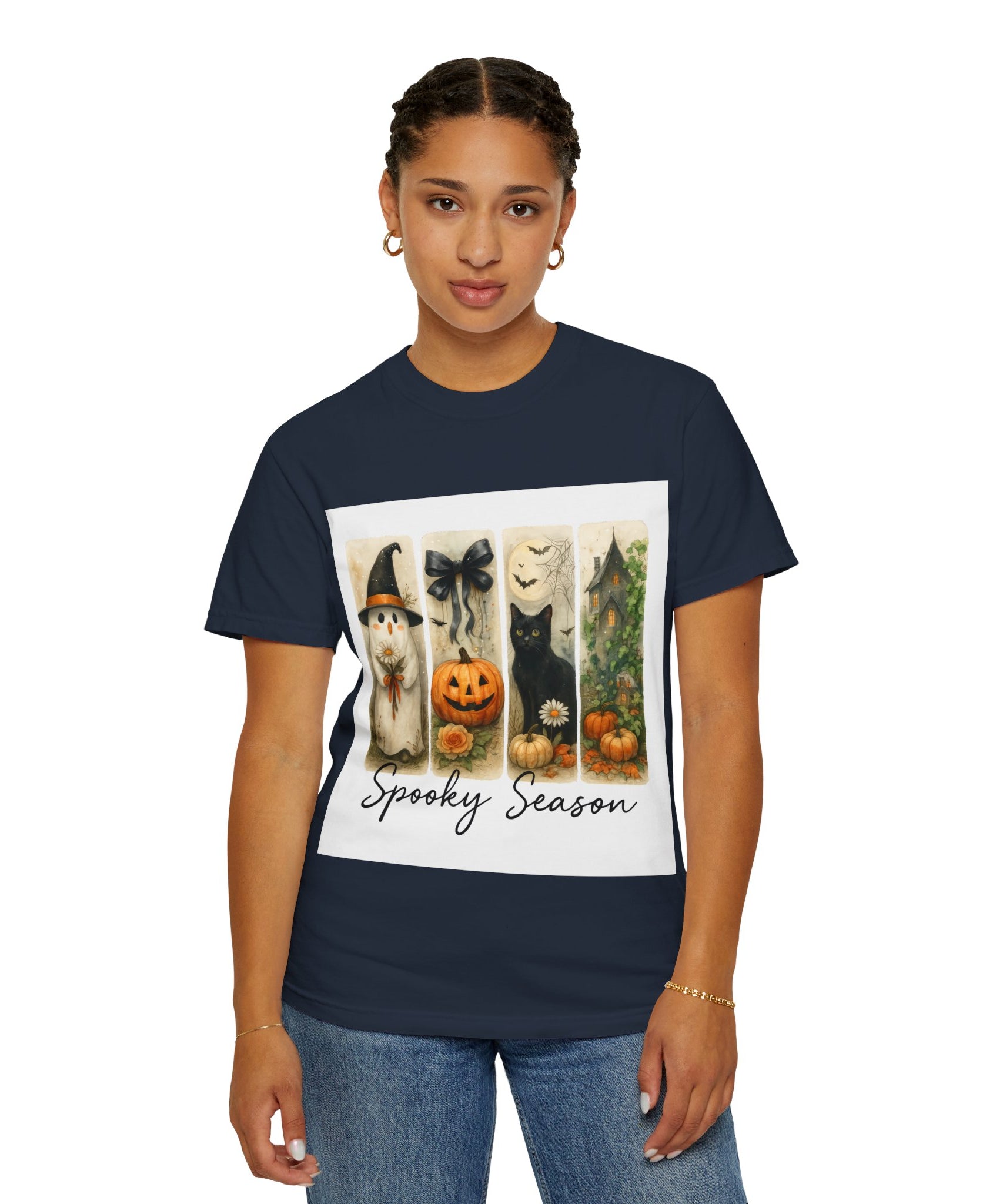 Vintage Halloween Unisex T-Shirt – Cute Ghost, Black Cat, Pumpkin & Haunted House Art - Gallory Hive