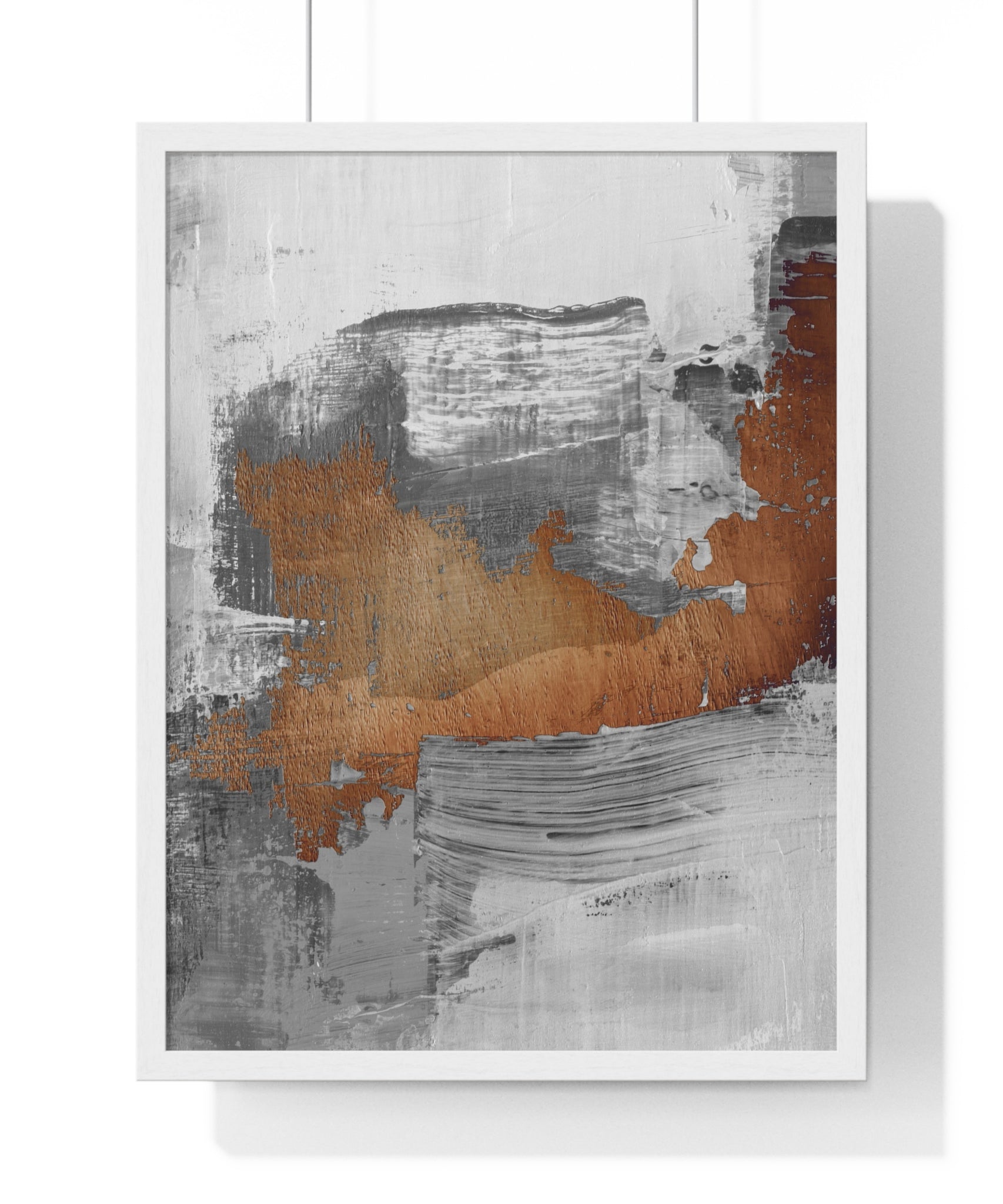 Textured Abstract Wall Art – Grey, Copper & White Modern Brushstroke Poster on Wooden Frame