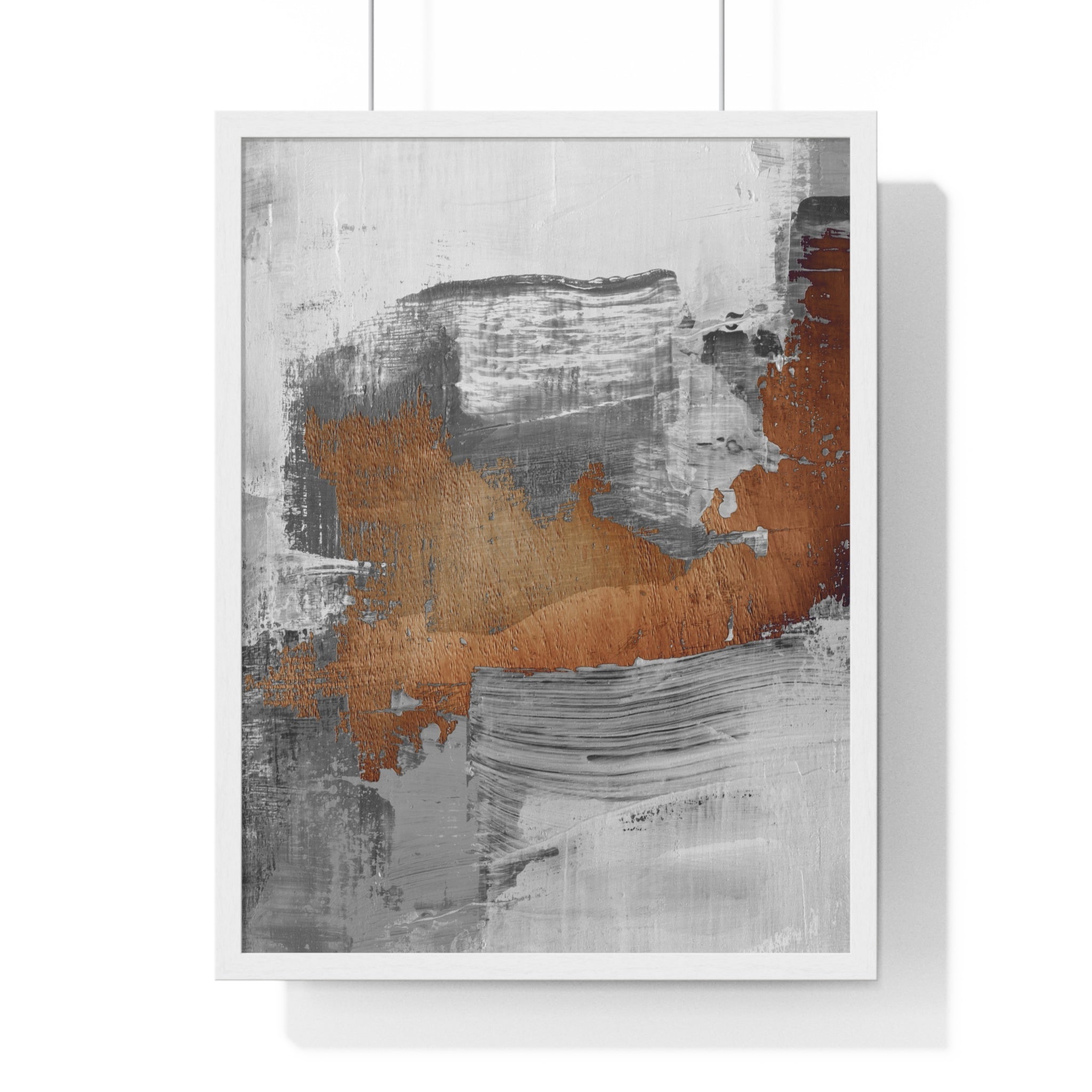 Textured Abstract Wall Art – Grey, Copper & White Modern Brushstroke Poster on Wooden Frame