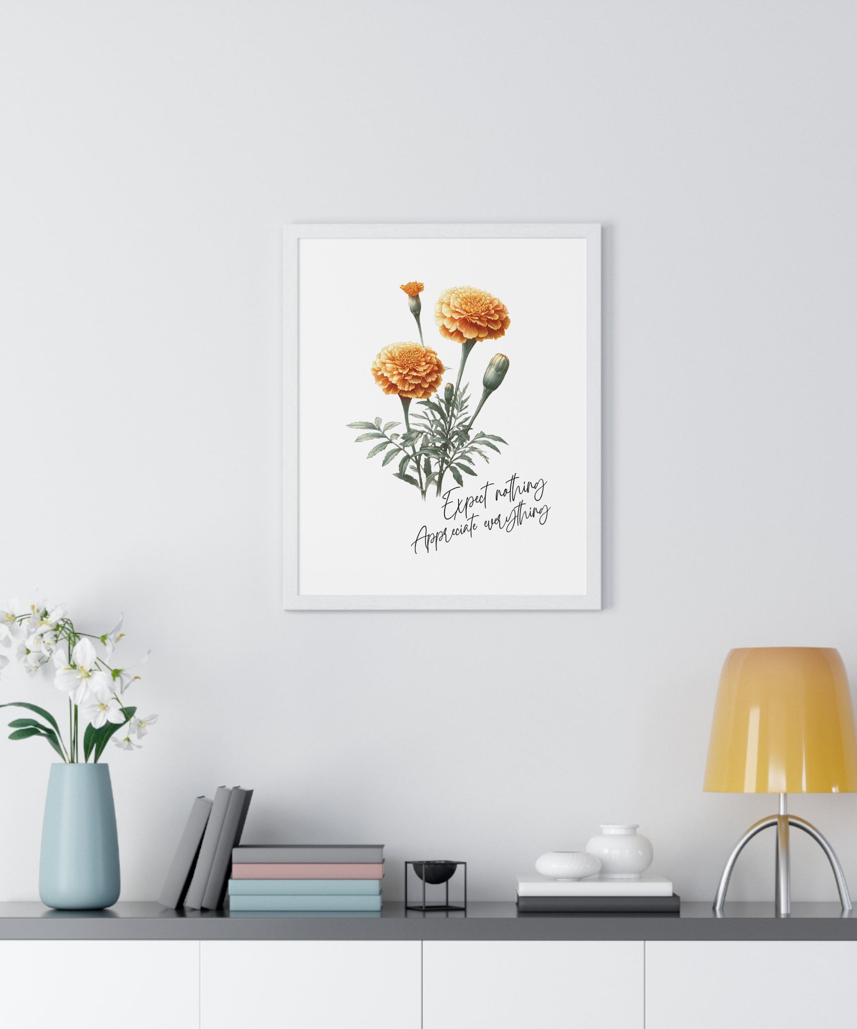 October Birth Month Flower Wall Art – Marigold Illustration with Inspirational Quote in Wooden Frame